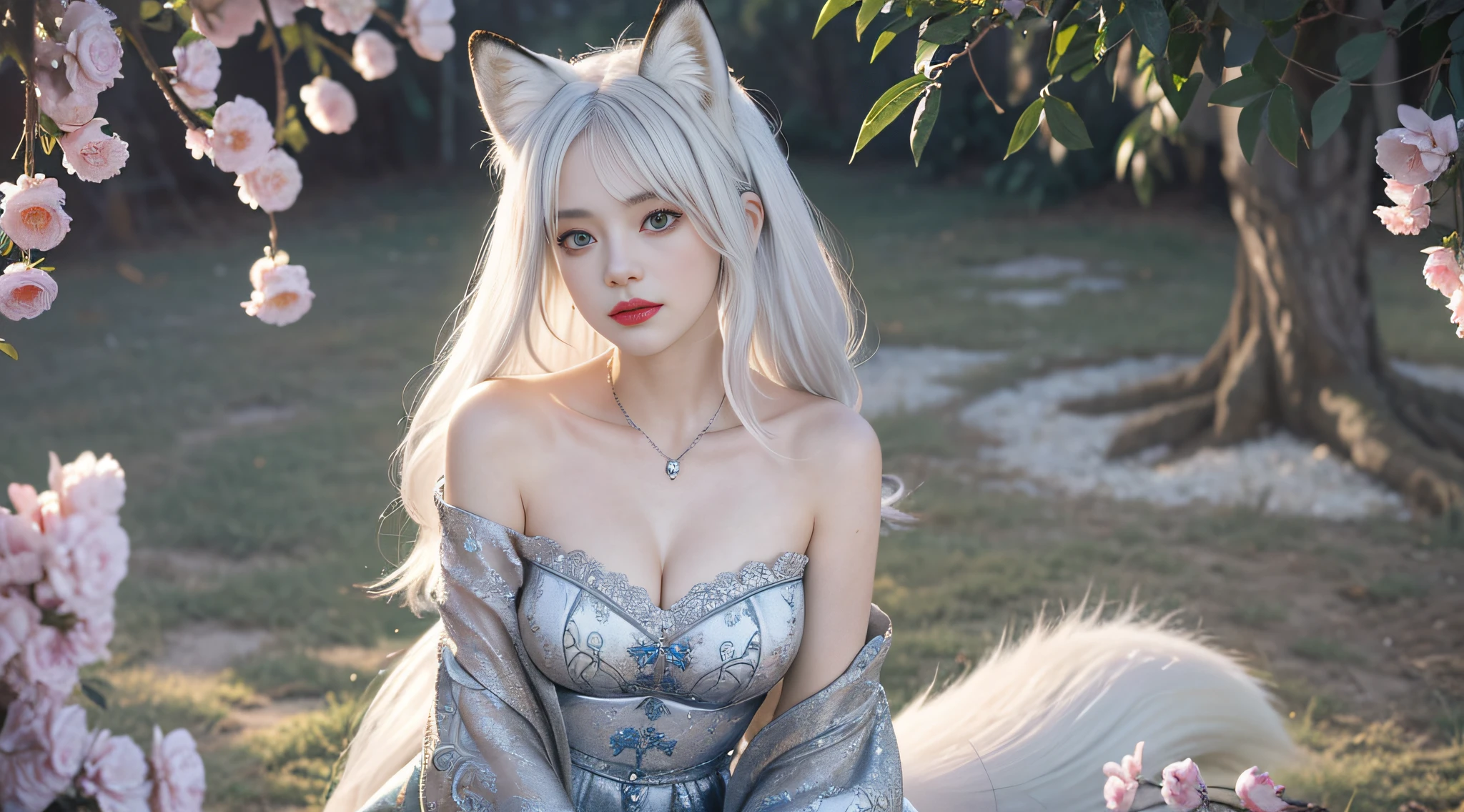 (((((quality：Best quality, Masterpiece))), styled：Ink wind, Poetic), 1 Girl with white hair with fox ears(nine tail fox, Silver hair, Bright eyes, Glimpse), (Night comes, Moonshine pouring, The moon hangs, Pine branches, In the weeds), The picture is soulful, Show mysterious poetry and moving beauty