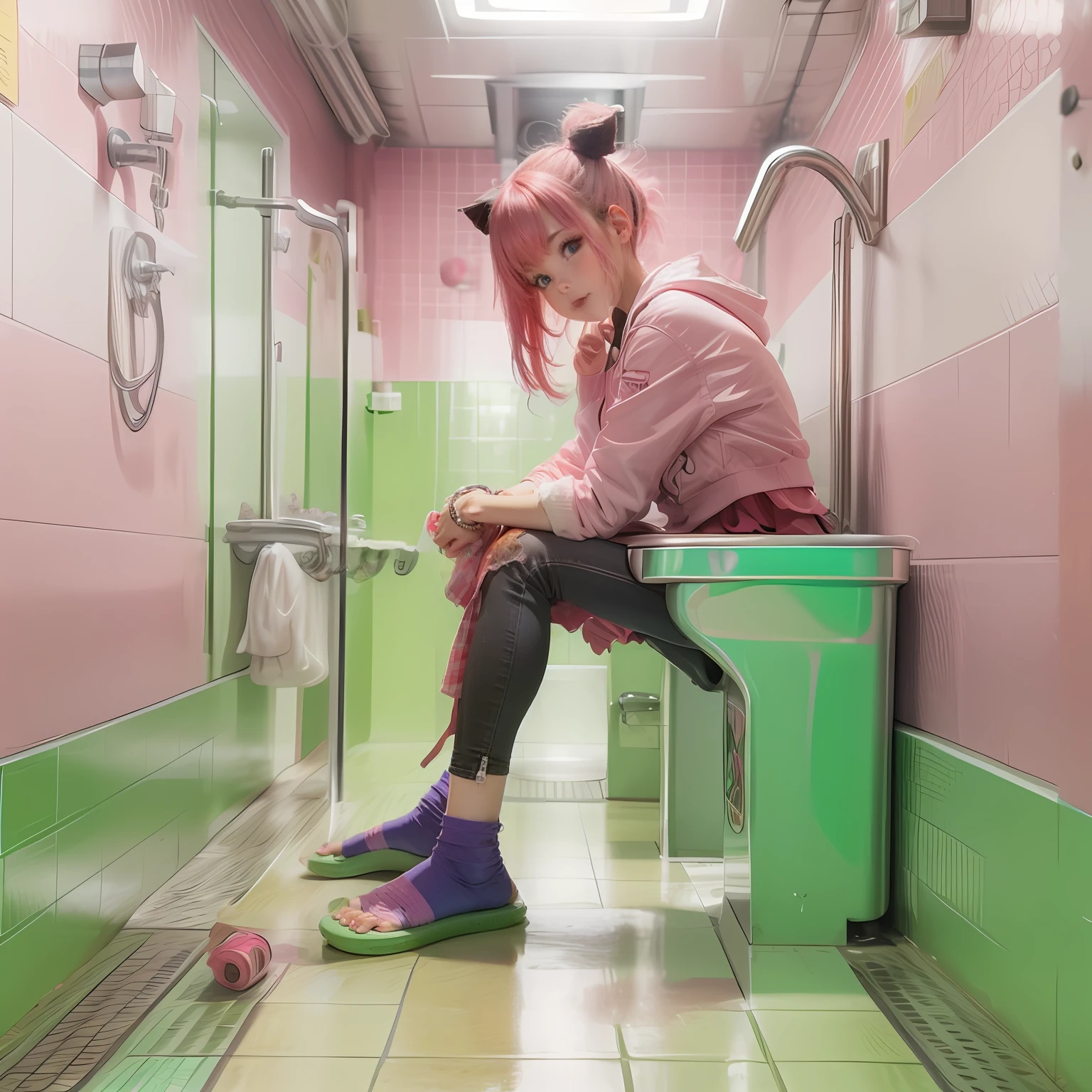 Pink haired JK girl sitting barefoot in urinal