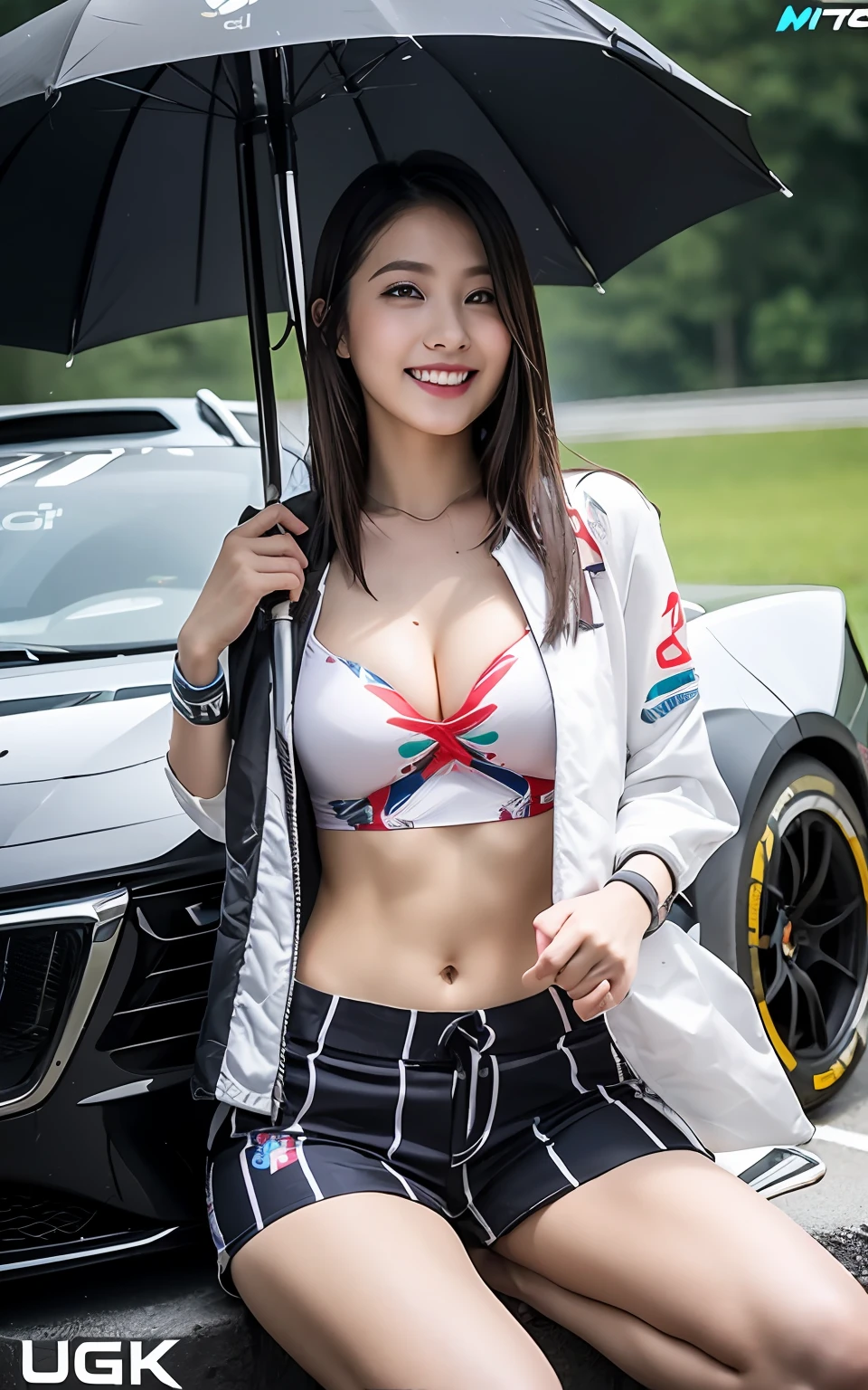 the Extremely Detailed CG Unity 8K Wallpapers, Best Quality, Ultra-detailed, masutepiece, Realistic, photographrealistic, extremely detailed cute girl, 25-years old, 
(Wearing a grid girl costume with sponsor's logo printed on it:1.3), (Shorts) , (Sitting in a motorsport race),   (cleavage), Smile , Half body shot , holding an umbrella