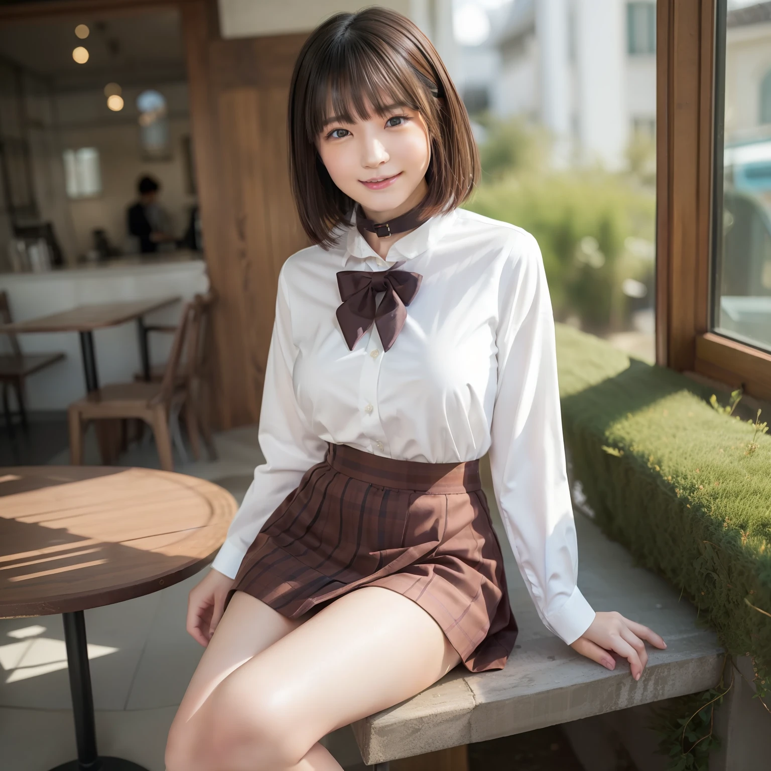 (8K、RAW Photography、top-quality、​masterpiece:1.2)、(reallistic、Photorealsitic:1.37)、The ultra -The high-definition、1 girl in、cute little、独奏、Beautiful sky、Detailed Cafe、natta、Sitting、date、(Nasal redness)、(a smile:1.1)、(Closed)、mideum breasts、beautidful eyes、(shirt with collar:1.1)、a bow tie、pleatedskirt、Brown hair、Bob Hair、Sareme、Slimed、fullllbody、Detailed fingertips、One lady、独奏、Dressing、beauty legs、Dressing