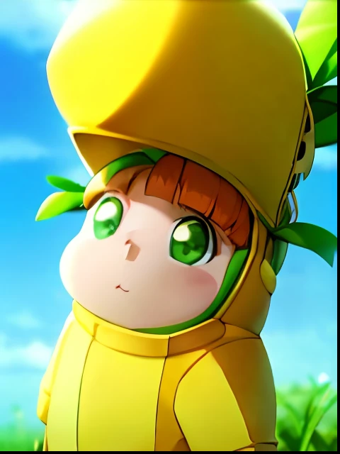 A cartoon girl dressed in yellow stands in the grass，Safebooru anime image，komono，anime still frame，close up of lain iwakura，🐿️🍸🍋，Today's featured anime stills，Anime screencap，Gelbooru anime image。