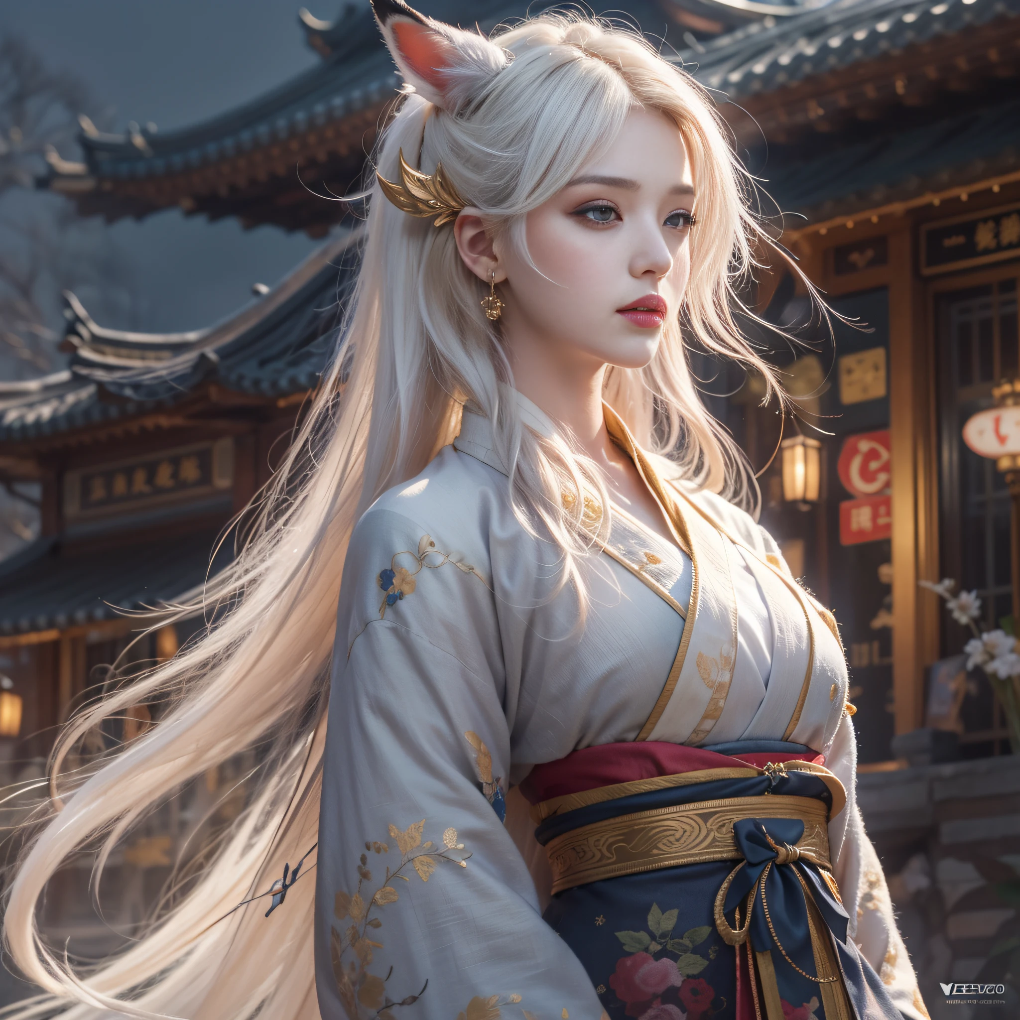 Fox ears white hair girl,Dressed in gorgeous Hanfu, Stand and look into the distance,Quaint building next to it,she has a distant expression, profile pose,highly detailed,tmasterpiece,hyper-high detail,illustratio,dynamic angle,world mastery theater,Long messy hair,best qualtiy,the Extremely Detailed CG Unity 8K Wallpapers,电影灯光,lens flare glow,highly detailed,Amazing, complex, elite, Art Nouveau, elegant, Luxurious, greg rutkovsky, Vector art beautiful character design, Dual exposure shooting, Luminous design, winning artwork, tmasterpiece,