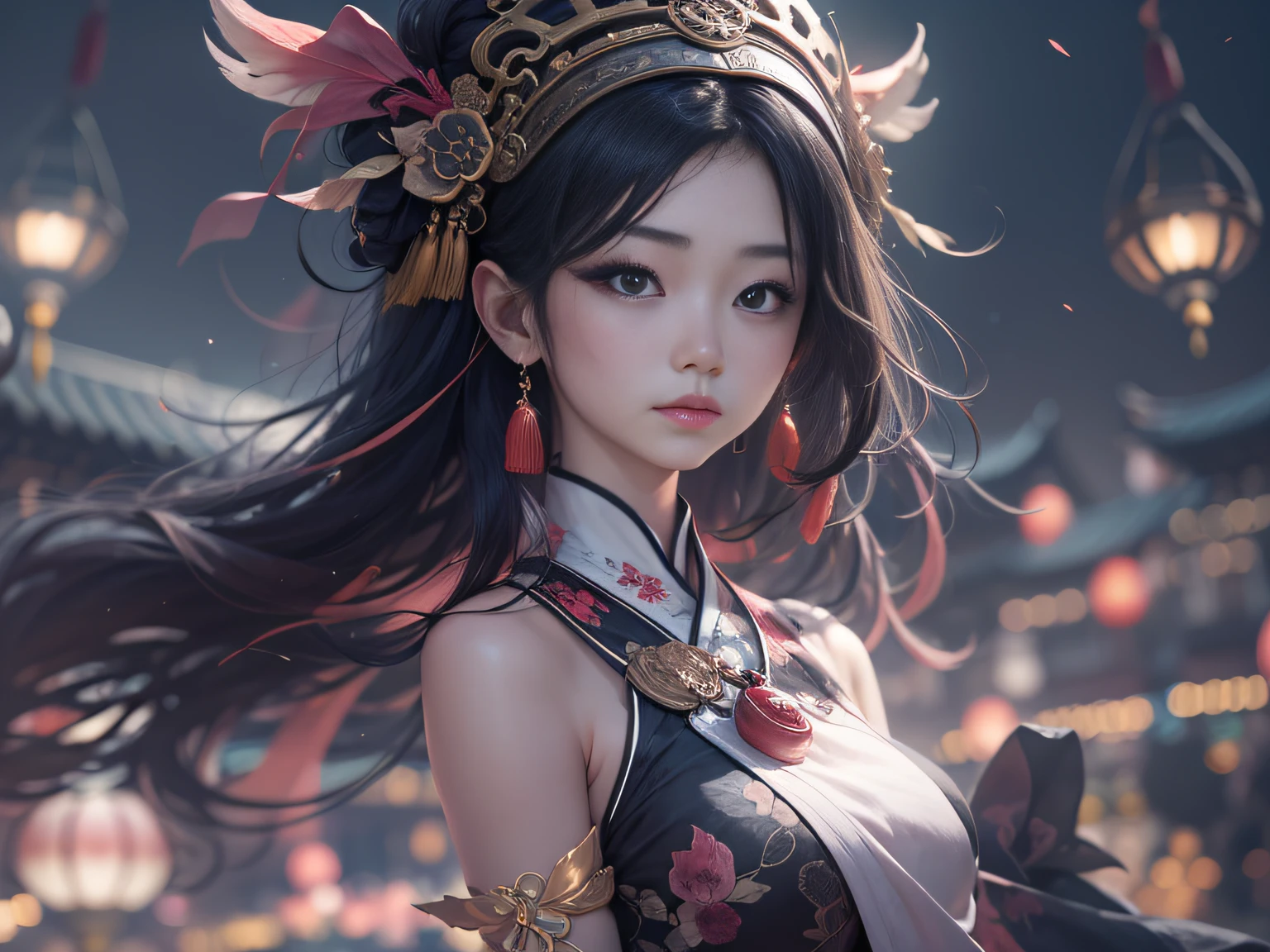 Kizi,largeeyes,Delicate face,China-style,The background is a dark sky, with many bright lights on it,8k,k hd --auto