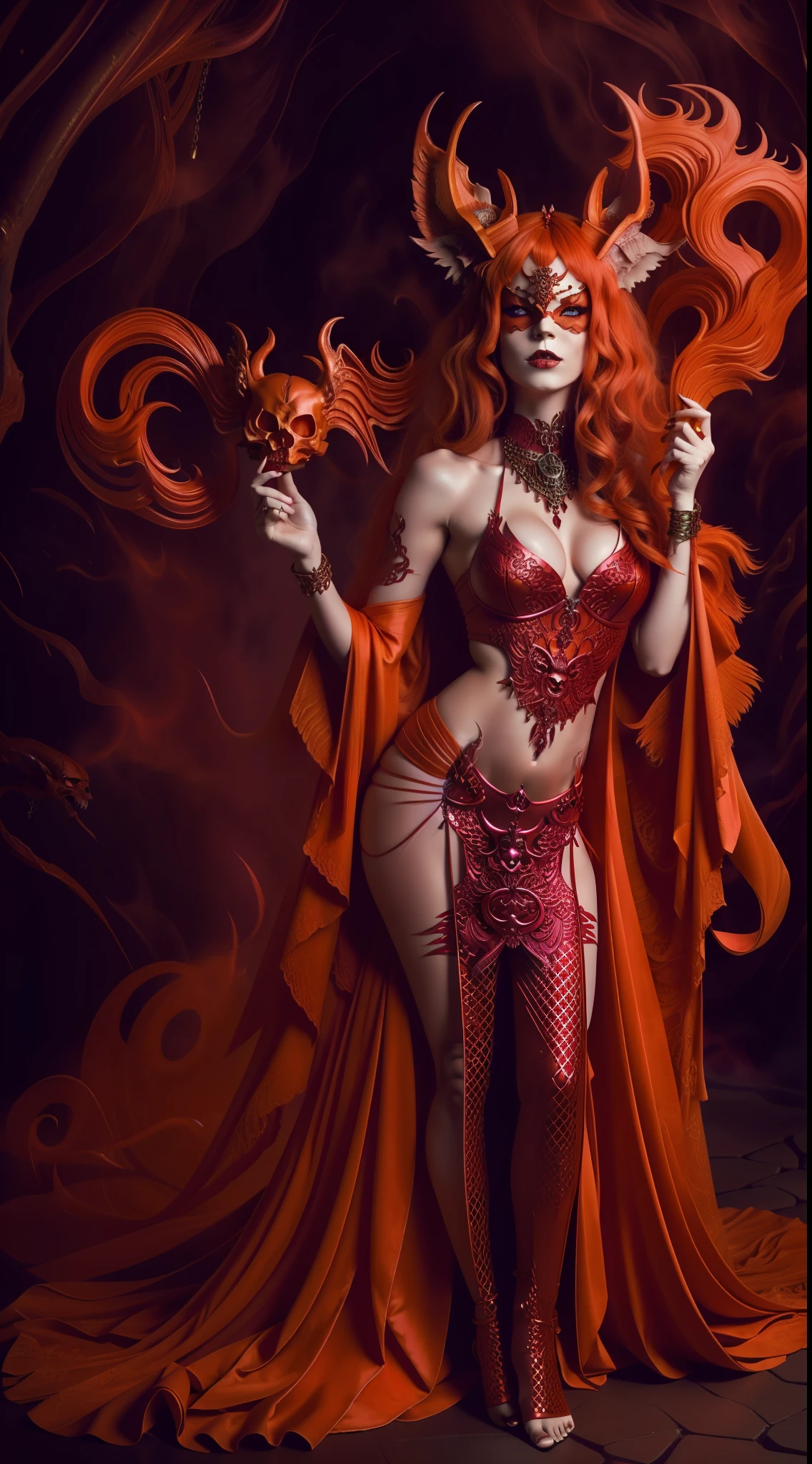 Fox demon, captivating beauty, red eyes, orange fox tail, orange fox ears, flowing silk robe, seductive, enchanting, cave with pink smoke background, provocative pose, full-body shot, perfect physique, accessories, skull pendant --auto