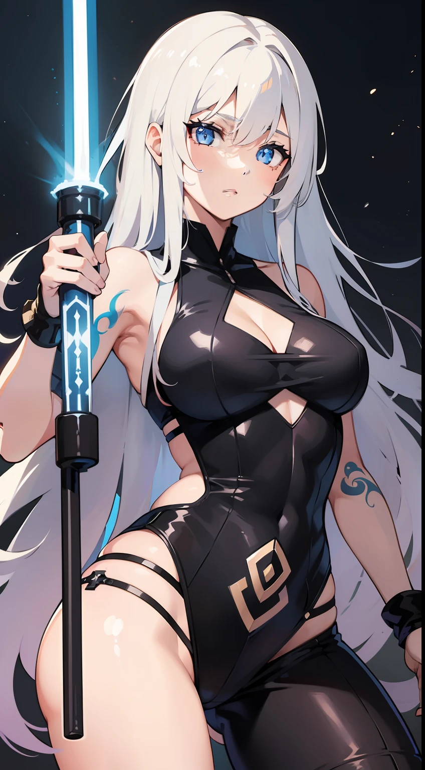 young girl, Long white hair, blue eyes, Tattoos are white, Sleeveless Jedi Mantle, open breasts, Lightsaber, Masterpiece, hiquality