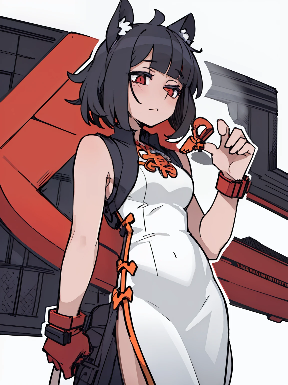 A girl frontal,((full bodyesbian,whaite hair,curlies,on cheongsam)),Hold the keychain,Young, White background