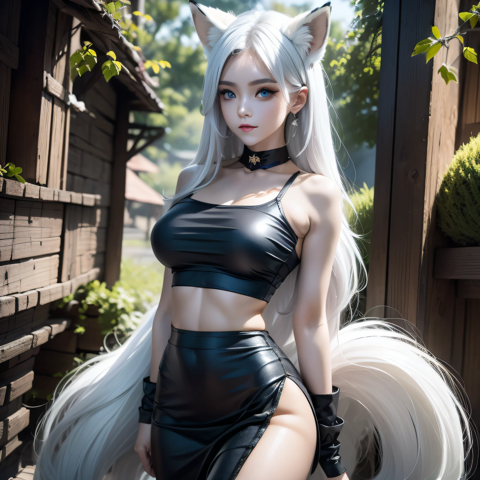 Fox ears white hair girl,fluffy fox ears,fox tails,No ears,A beauty with only fox ears,Hair clogs the ears,Fox girl,Fox eyes,Enchanted,Charming,16k, best qualityer, tmasterpiece, 1womanl, 独奏, mature, Raised sexy, Highly detailed face and eyes, professional make-up, Black sequined sleeveless cropped top, Skirt, Long blue-black two-tone hair, glow blue eyes,Fox ears white hair girl