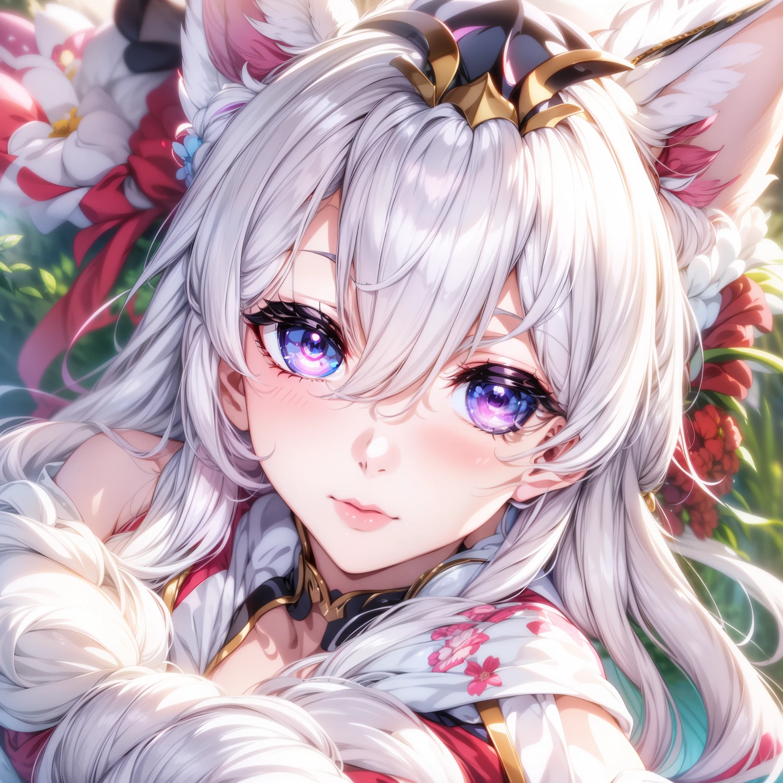 （tmasterpiece、Need、Ultra-delicate、A high resolution）），female focus，Anime wife dressed in white，Cat ears and red belt, onmyoji, azur lane style, Onmyoji detailed art, A scene from the《azur lane》videogame, trending on cgstation, 《azur lane》role, Cleavage is seductive， onmyoji portrait, Long white hair, White fox ears, cute anime waifu in a nice dress，（（（full bodyesbian））），Oversized sagging breasts，(((独奏)))，（Positive perspective、facing at camera、Look at the perspective from above、Top angle of view）