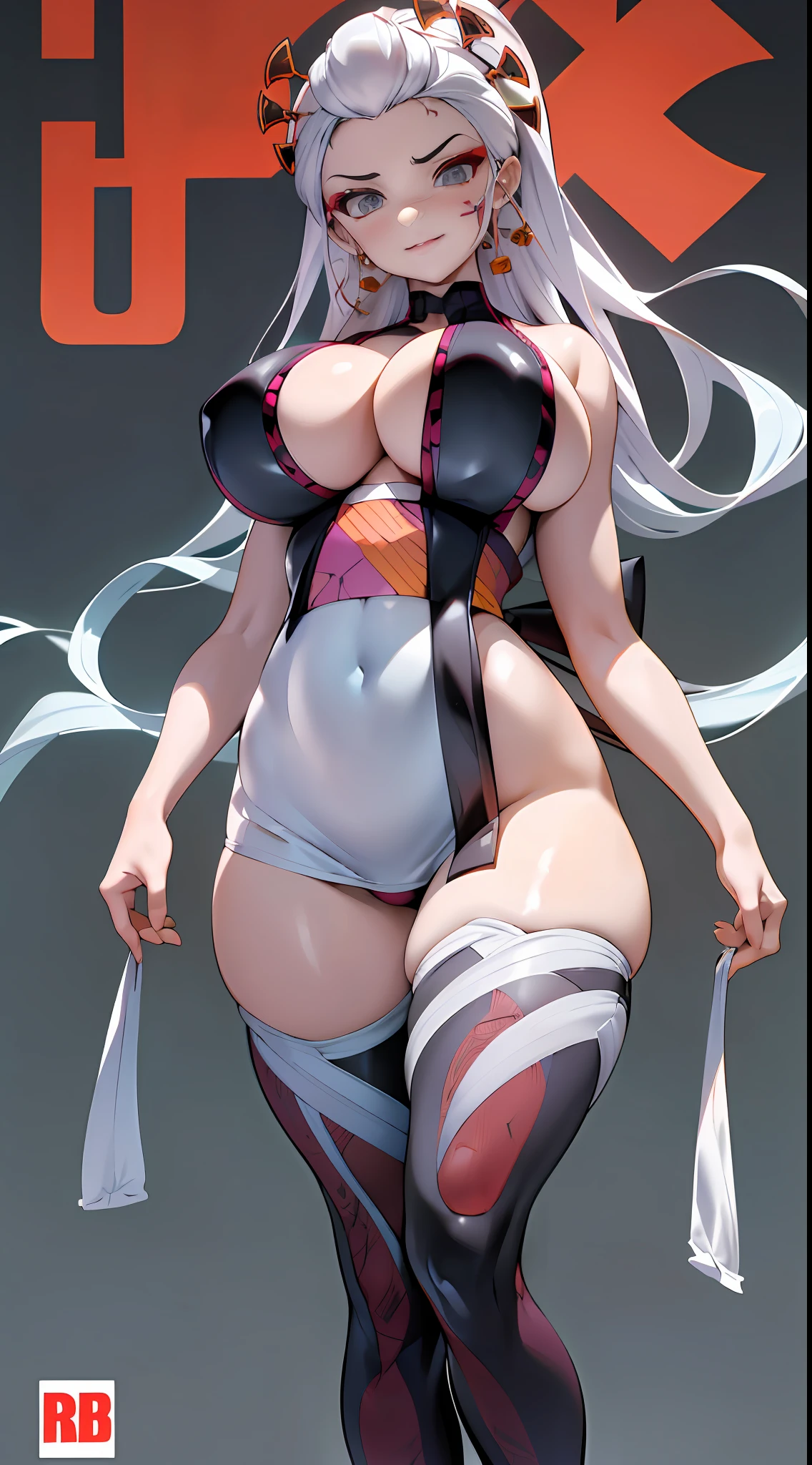 Show on the (Demon Killer ),Comic cover style,Comic title,Oily skin,busty figure,cropped shoulders,huge tit,White dress at the bottom,Mesh garment,Fleshy thighs,Below the waist are mesh stockings,Masterpiece,hyper-detailed face,Deep rendering
