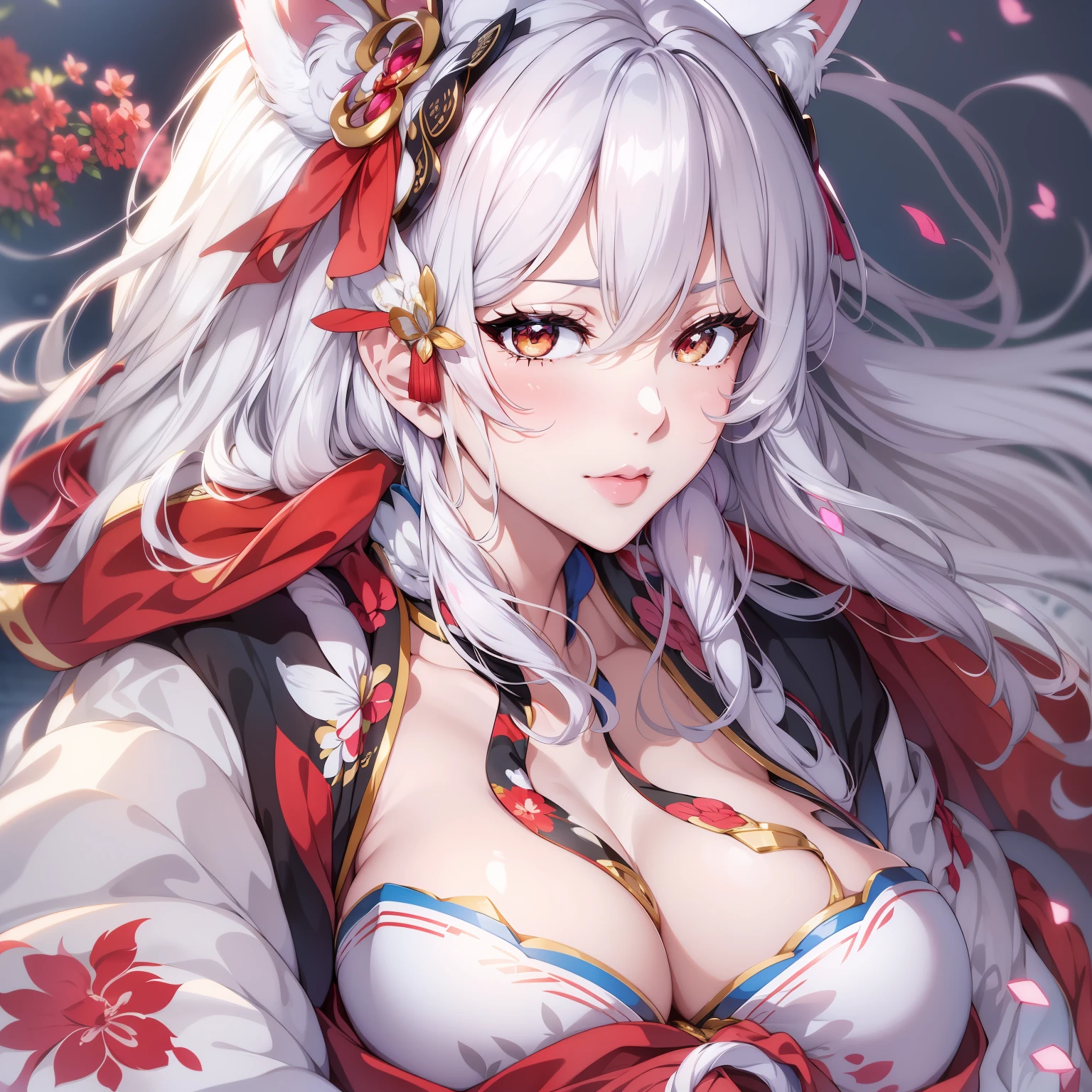 (tmasterpiece、Need、Ultra-delicate、A high resolution)),female focus,Anime wife dressed in white,Cat ears and red belt, onmyoji, azur lane style, Onmyoji detailed art, A scene from the《azur lane》videogame, trending on cgstation, 《azur lane》role, Cleavage is seductive, onmyoji portrait, Long white hair, White fox ears, cute anime waifu in a nice dress,(((full bodyesbian))),Oversized sagging breasts,(((独奏))),(Positive perspective、facing at camera、Look at the perspective from above、Top angle of view)