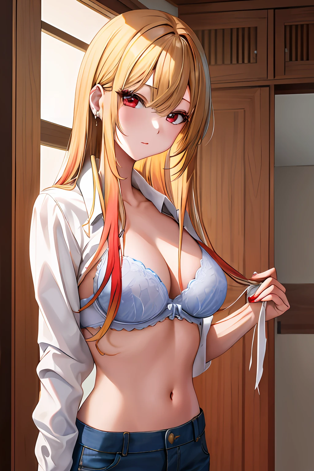 masterpiece, top-quality, hight resolution, kitagawa marin, 1girl in, blonde hair, length hair, O cabelo multicolorido, red eyes, jewely, 耳环, piercings, student clothes, white shirt, Open the shirt in front、red bra、Top quality bras