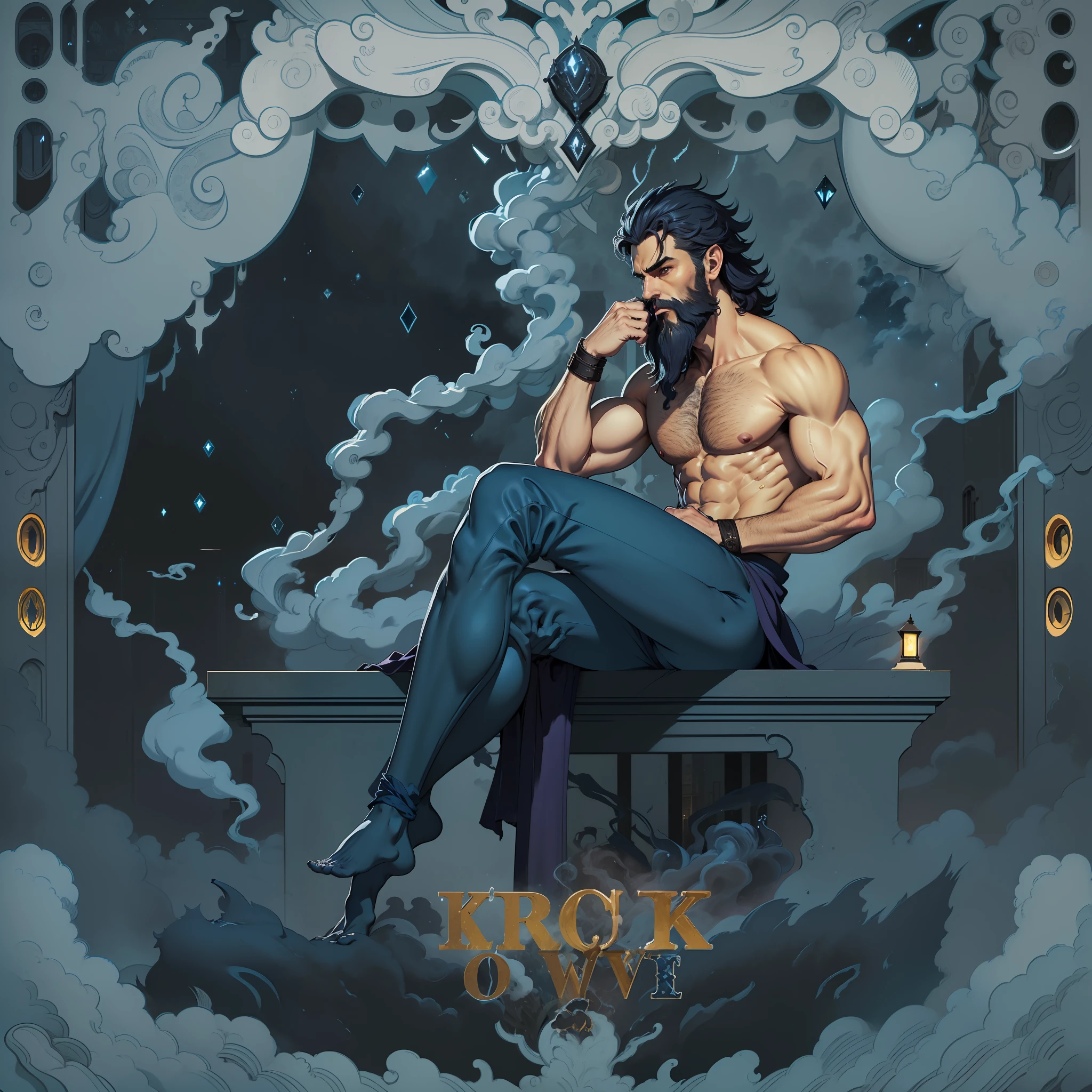 man dark blue skin, blue face blue body yellow eyes, short dark blue beard pointy ears, hairy body muscular thick legs dark blue messy hair dark blue long tail sitting on top of a building at night (seen from the side) purple smoke in the background