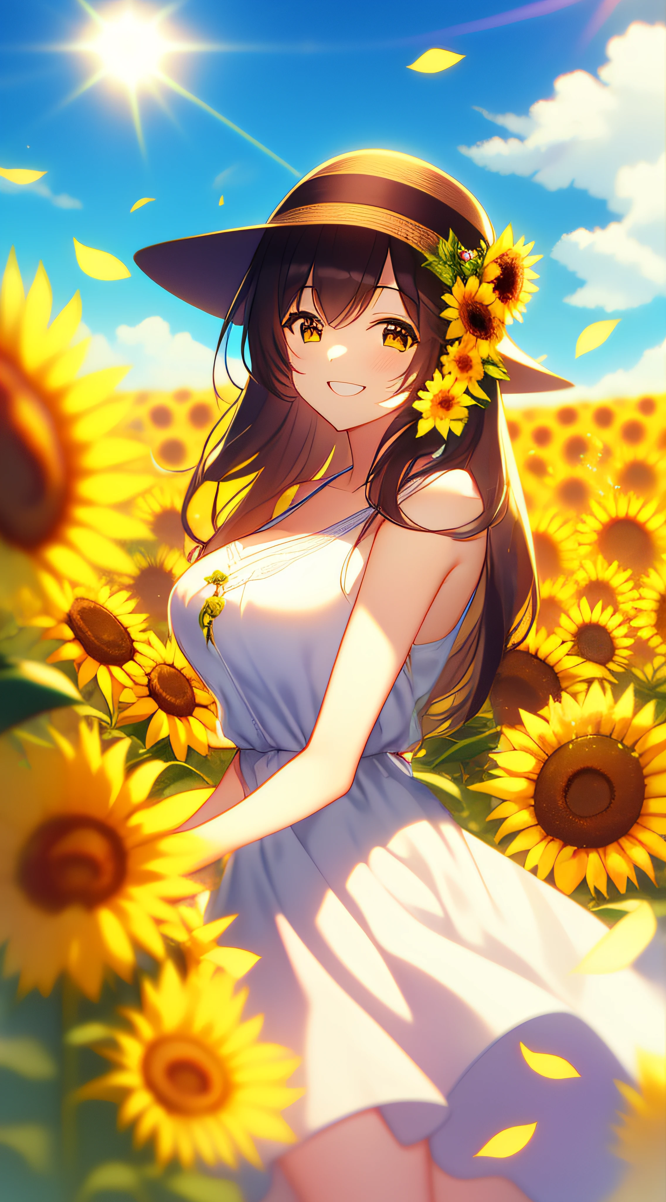 Blend into the background、Similar view、Beautiful sunflower field、Flowing hair