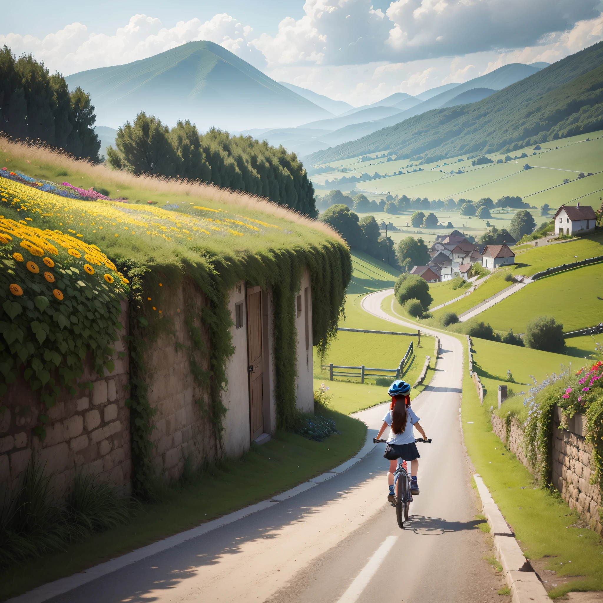on bike,Walking on the road, The roadside is full of flowers and plants,Villages and hills in the distance,The kids were happy,8K,high detal,The sky is rainy and foggy