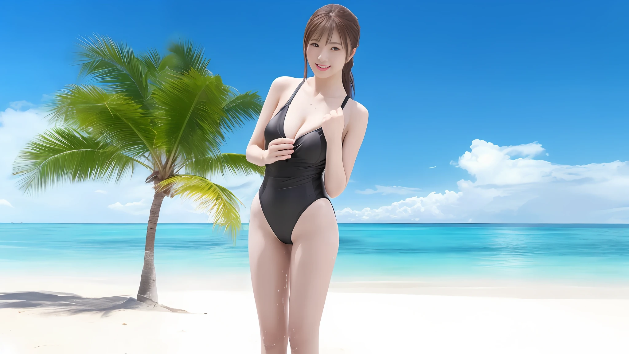 UHD, retina, masterpiece, ccurate, anatomically correct, textured skin, super detail, high details, high quality, best quality, highres, award winning, HD, 16k, There is a woman in a black swimsuit standing on the beach, wearing a swimming wear, Wet swimsuit, Swimsuit, Black swimsuit, Realistic Young Gravure Idol, sophisticated gravure idol, Photorealistic perfect body,