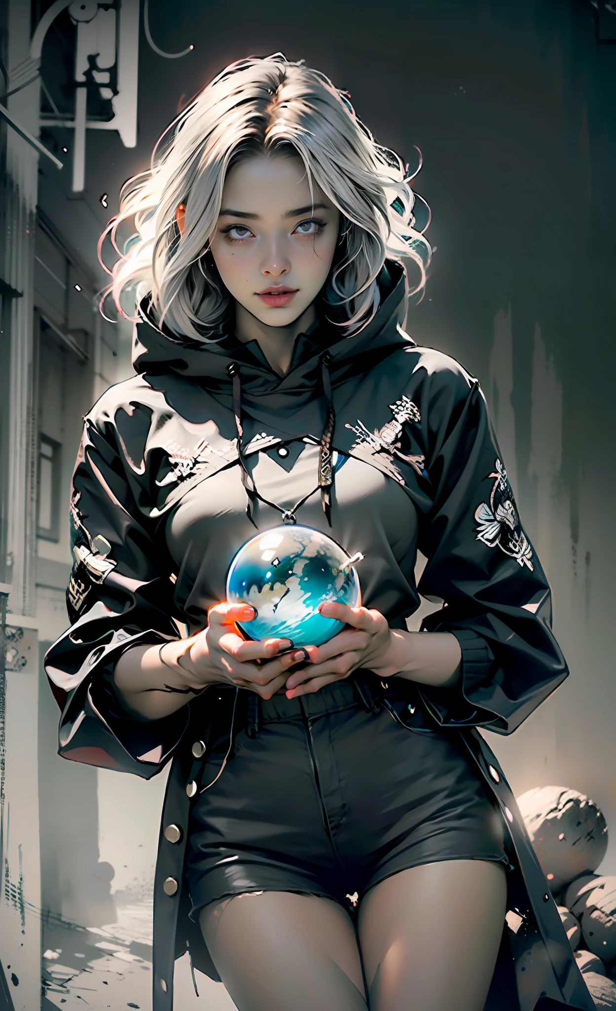 (absurdes, ah high, ultradetailed), ((A  girl)), a 1girl, androgynous vampire, High Stability, ((white colored hair)), pubic tattoo, ((Holds a magic sphere in his hands:1.6)). ((чрезвычайно детализированные обои CG unity 8k, intricate detials, (style-swirlmagic: 0.8), portraite of a, looking a viewer, 独奏, (full length: 0.6), dynamicpose, Detailed background, Madness in the eyes, floating in the air,  A Necromancer, Evil to the bone, Red clouds, casting spell, fireball, Dark hooded mantle, The Dark Circle, Underworld, Warhammer theme, bringer of false light, Dark clouds, floating chunks of dirt, decadence, Outgoing evil energy, dark aura, Broken shackles)), (cowboy  shot) junji ito 4 k, with long gray hair, ito junji art, style of junji ito, portrait of sadako of the ring, Gentle androgynous princess , Beautiful androgynous princess, nice feet, detailing, Burst breasts, extra high resolution, 8K, (Lovely Medium Breasts), perfect anatomy, (shapely body), Beautiful slender legs, Extremely detailed eyes and face, beautiful detail eyes, extremely detailed body, ((Gloomy color scheme:1.6))