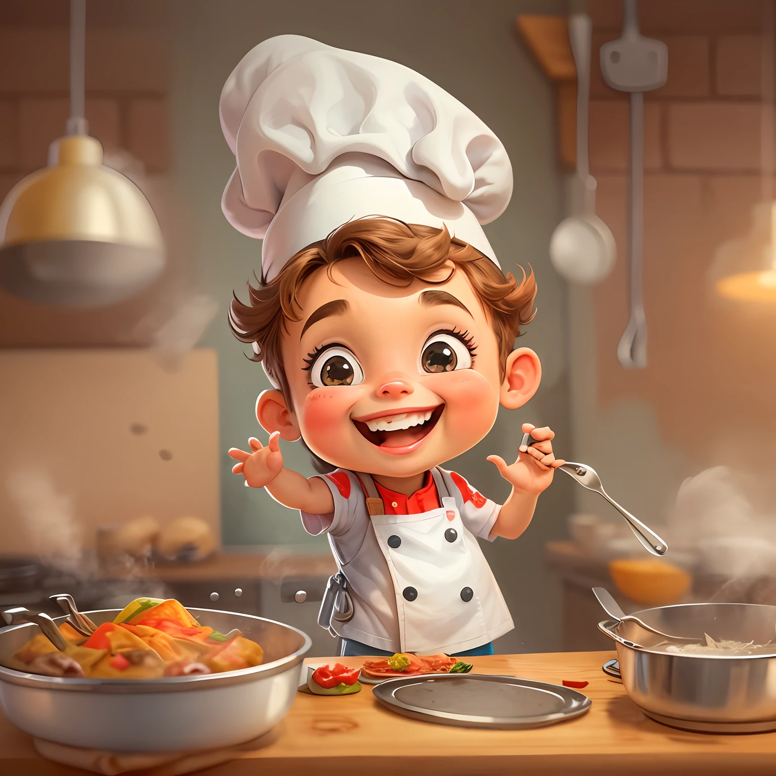Lovely little chef who is cooking,A smile on his face,Positive perspective,Comic cartoon style