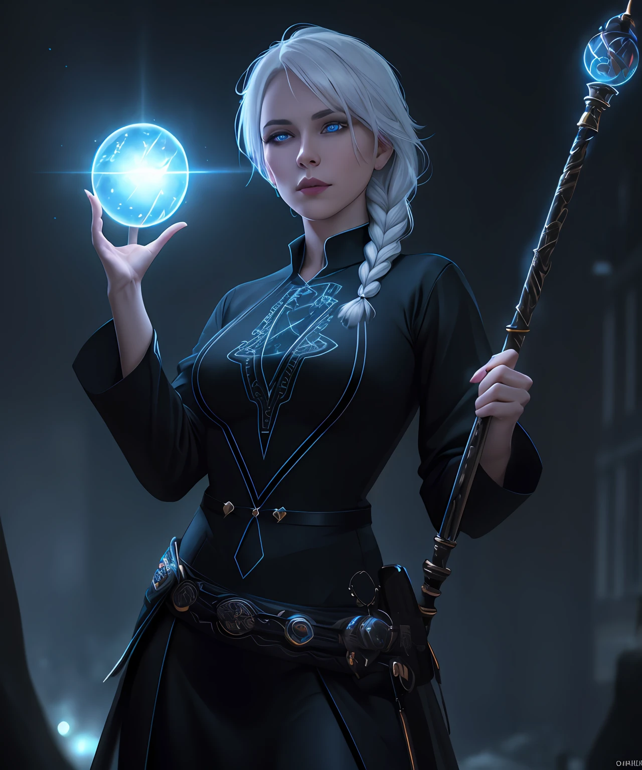 fantasy setting, sharp focus, high quality photo of beautiful nordic mature woman,magician , wearing black clothes with silver tracery, white single braid hair, confident look, rising ((magic staff with shining sphere atop)), glowing runes flying around, jewelry, detailed eyes, low body-fat, cinematic lighting, highly detailed, (matching eyes:1.2), fully body photo, epic pose, night sky background, art by charlie bowater, (Extremely Detailed Oil Painting:1.2), glow effects, godrays, Hand drawn, render, 8k, octane render, cinema 4d, blender, dark, atmospheric 4k ultra detailed, cinematic sensual, Sharp focus, humorous illustration, big depth of field, Masterpiece, colors, 3d octane render, 4k, concept art, trending on artstation, hyperrealistic, Vivid colors, extremely detailed CG unity 8k wallpaper, trending on ArtStation, trending on CGSociety, Intricate, High Detail, dramatic