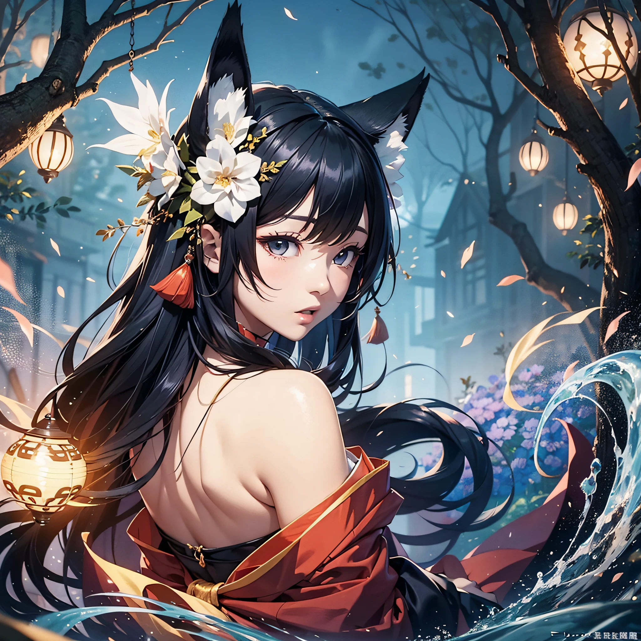 Fox Spirit、With long black hair and kimono、From the buttocks９Bewitching woman with a growing tail in a book、Woman looks like she's floating in the air、rays of moonlight、Pale blue flames float、​masterpiece、realisitic