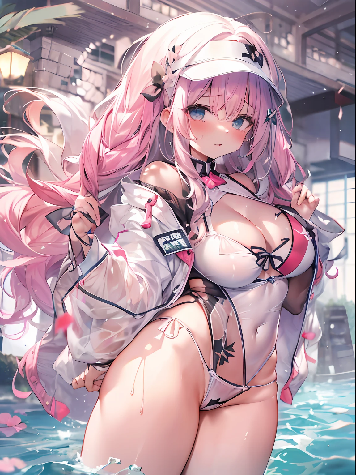 NSFW,Clothes are sheer、Nipples are protruding 、crying how bright、((Best Quality)), ((masutepiece)), (Detailed), White Bikini, 1girl Best Quality, Portrait, ultra-detailliert, Pretty Face, Perfect Anatomy, soil, pale skin, Huge pink green hair , perfect hair, cleavage, thick legs, Large Thigh,glistning skin,gleaming skin、