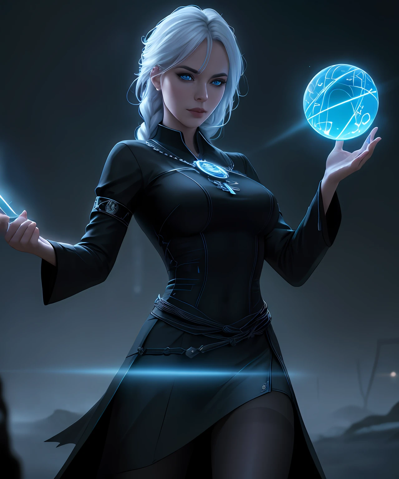 fantasy setting, sharp focus, high quality photo of beautiful nordic mature woman,magician , wearing black clothes with silver tracery, white single braid hair, confident look, rising ((magic staff with shining sphere atop)), glowing runes flying around, jewelry, detailed eyes, low body-fat, cinematic lighting, highly detailed, (matching eyes:1.2), fully body photo, epic pose, night sky background, art by charlie bowater, (Extremely Detailed Oil Painting:1.2), glow effects, godrays, Hand drawn, render, 8k, octane render, cinema 4d, blender, dark, atmospheric 4k ultra detailed, cinematic sensual, Sharp focus, humorous illustration, big depth of field, Masterpiece, colors, 3d octane render, 4k, concept art, trending on artstation, hyperrealistic, Vivid colors, extremely detailed CG unity 8k wallpaper, trending on ArtStation, trending on CGSociety, Intricate, High Detail, dramatic