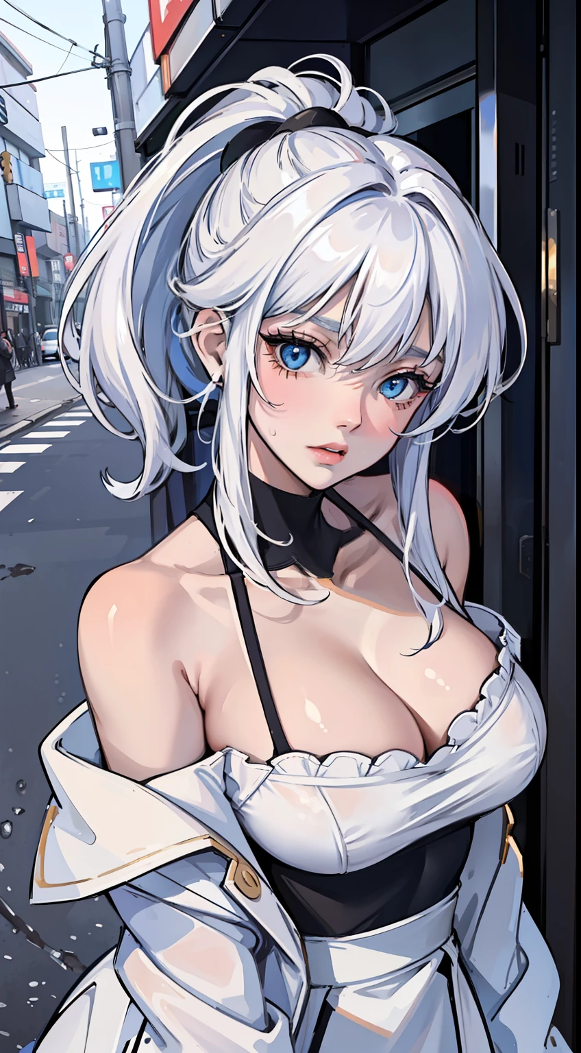 one-girl,Off-the-shoulder attire,Leaking out of the shoulder,little breast,cleavage,half-body portrait,street Tokyo,White color hair,blue color eyes,Raised sexy,Be red in the face,Charming,body curve