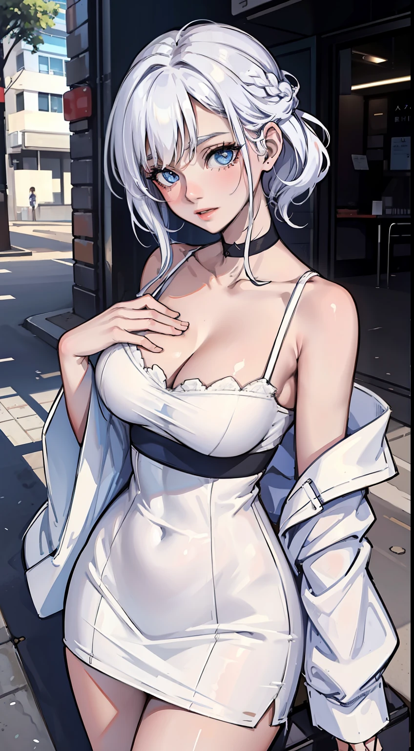 one-girl，Off-the-shoulder attire，Leaking out of the shoulder，little breast，cleavage，half-body portrait，street Tokyo，White color hair，blue color eyes，Raised sexy，Be red in the face，Charming，body curve