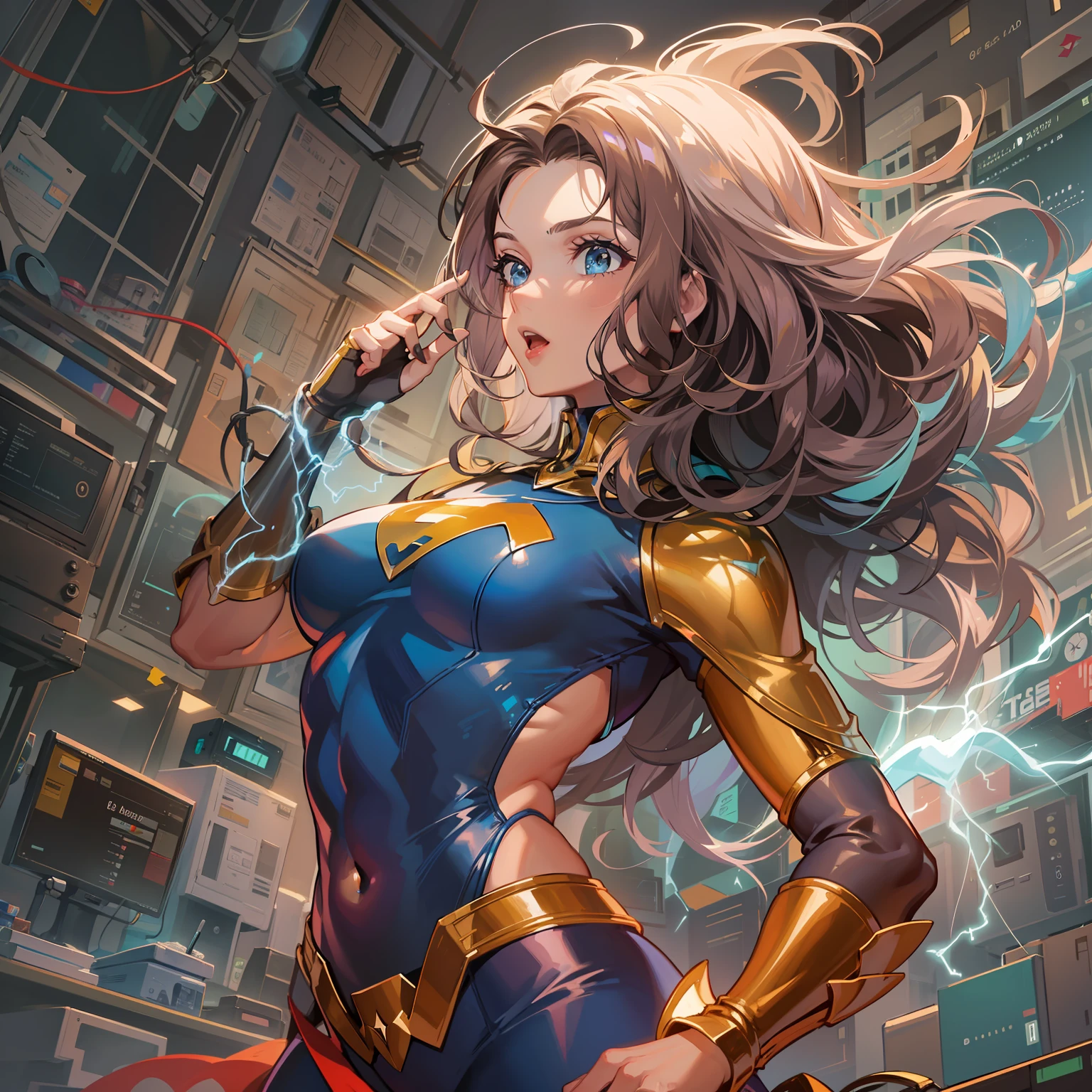 Obra-prima, melhor qualidade, max quality, melhor trabalho, mestre artista, Superhero girl with electric hair, cabelos de eletricidade, super heroine