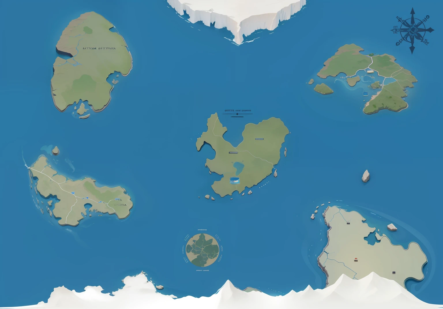 Reference image: (attach the image or provide a detailed description)
Number of Continents: 5
Forma dos Continentes: 1 - Ilha circular, 2 - Continente estreito e sinuoso, 3 - Large landmass with peninsulas
Geographical Features:
Continente 1 - Montanhas altas no centro, florestas exuberantes ao norte, fertile plains to the south.
Continent 2 - Deep canyons to the east, rios serpenteantes ao redor das montanhas, florestas encantadas a oeste.
Continente 3 - Cadeia de montanhas ao norte, Mysterious swamps in the center, vastas estepes ao sul.
Elementos Adicionais: Uma cidade murada nas montanhas do Continente 1, an imposing castle on Continent 2 and an ancient ruin south of Continent 3.
Level of Detail: High - with attention to medieval cartographic details.