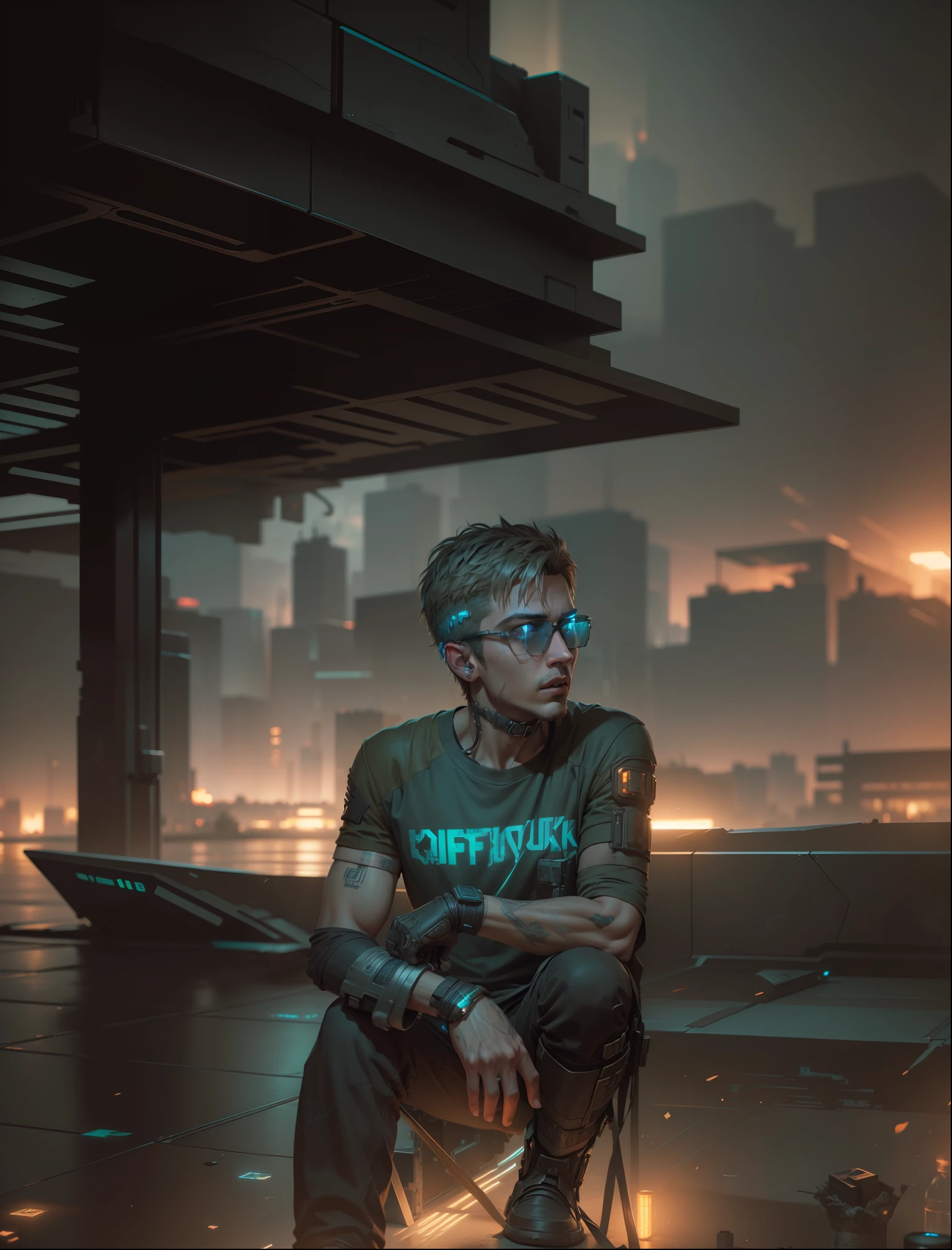 Cyberpunk handsome boy,epic, realistic, faded, neutral colors, ((((hdr)))), ((((muted colors)))), intricate scene, artstation, hyperdetailed, cinematic shot, warm lights, dramatic light, intricate details, vignette, complex background, [[teal and orange]], slate gray atmosphere