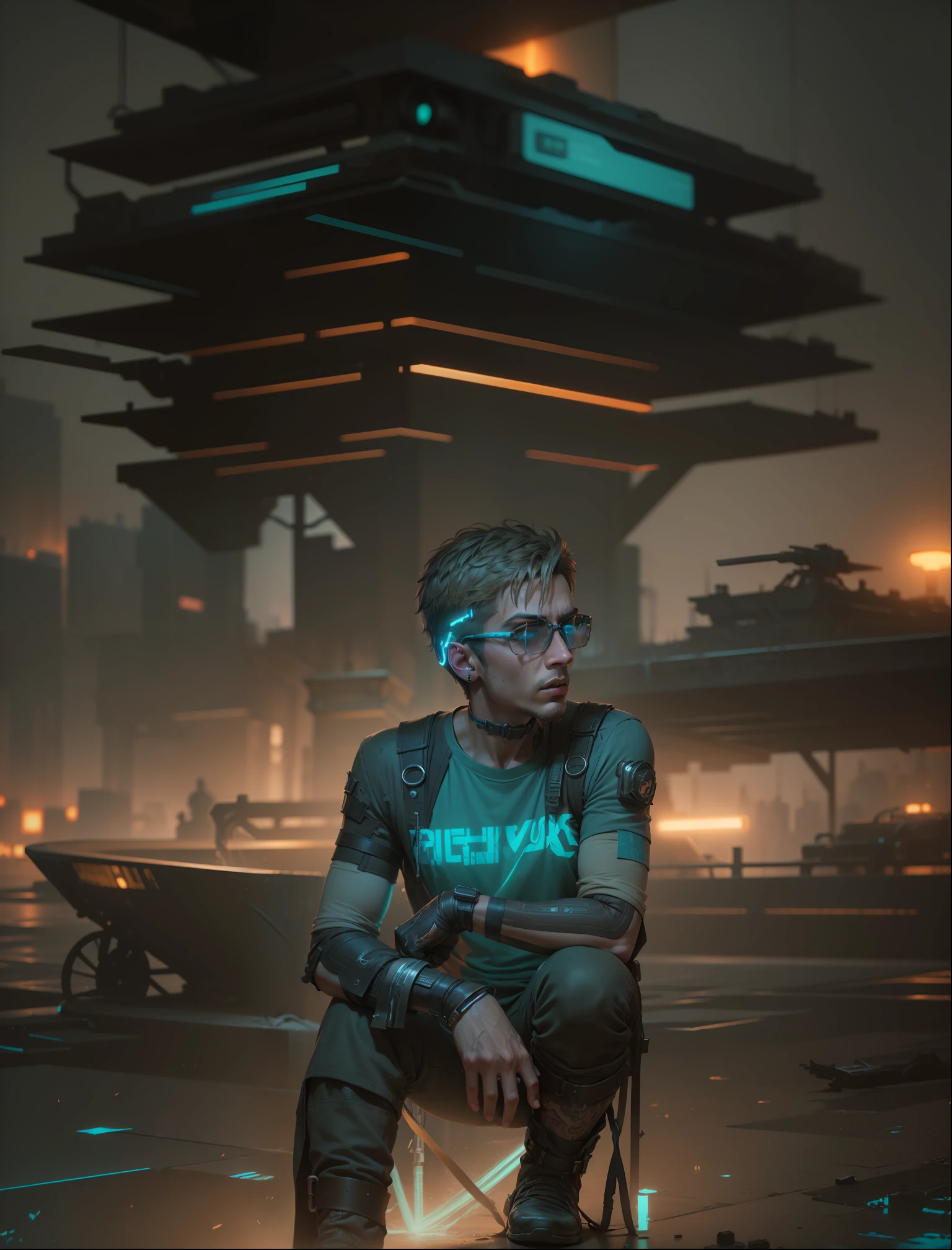 Cyberpunk handsome boy,epic, realistic, faded, neutral colors, ((((hdr)))), ((((muted colors)))), intricate scene, artstation, hyperdetailed, cinematic shot, warm lights, dramatic light, intricate details, vignette, complex background, [[teal and orange]], slate gray atmosphere