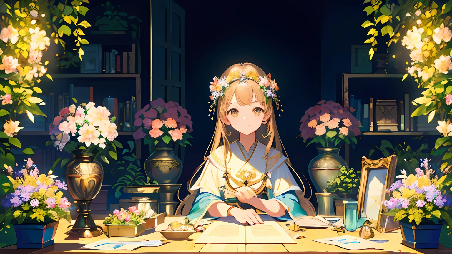 [(Transparent background:1.5)::5],(((Masterpiece))),(((Best quality))),(((Extremely detailed))),illustration, Various flowers and plants，Tranquil nature, Lens perspective,(((Box composition))),sitting cross-legged，Leaning against the bookshelf, voluminetric lighting, ultra - detailed,Light smile, Highly detailed, Ultra detailed, Best quality,Beautiful lighting,