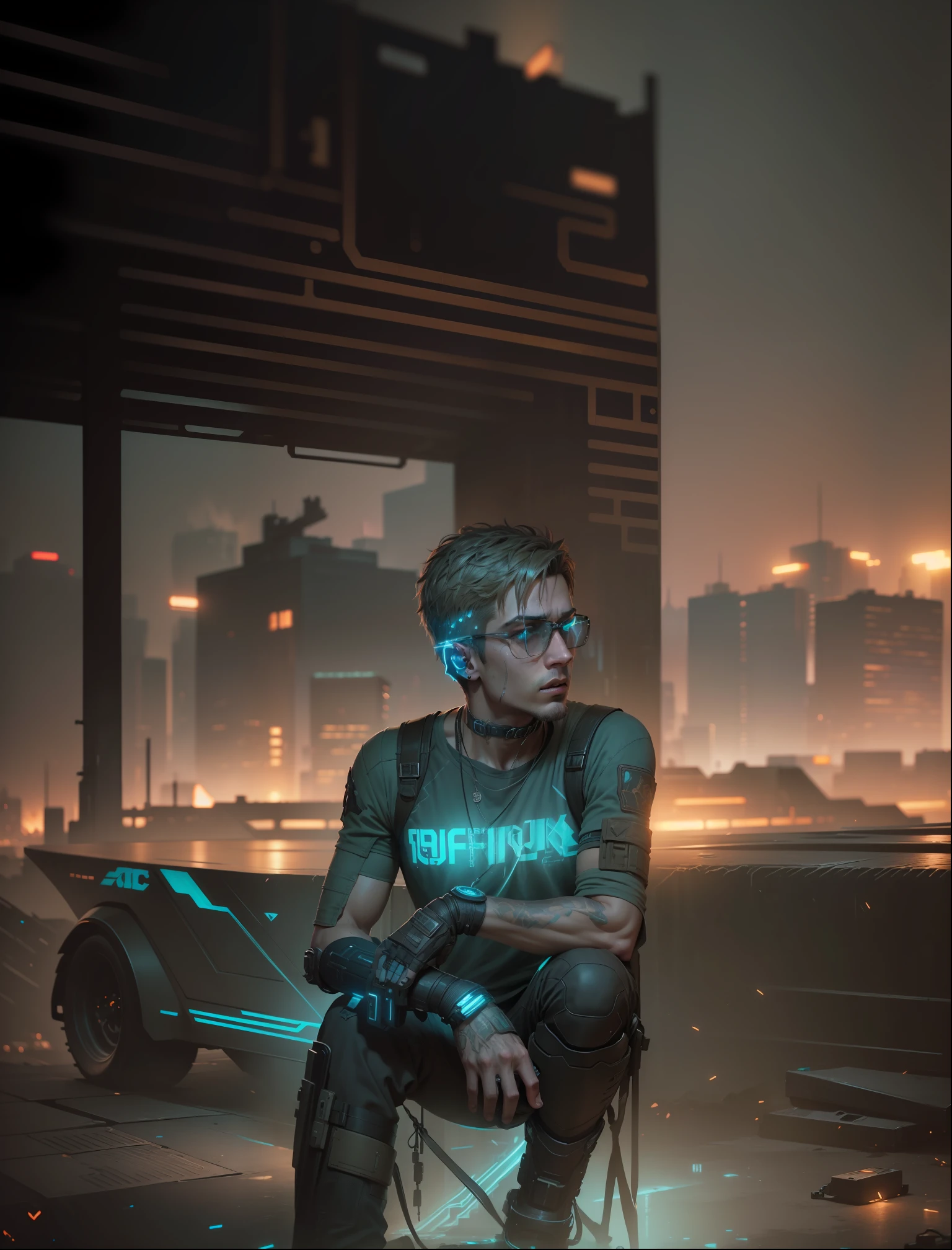 Cyberpunk handsome boy,epic, realistic, faded, neutral colors, ((((hdr)))), ((((muted colors)))), intricate scene, artstation, hyperdetailed, cinematic shot, warm lights, dramatic light, intricate details, vignette, complex background, [[teal and orange]], slate gray atmosphere