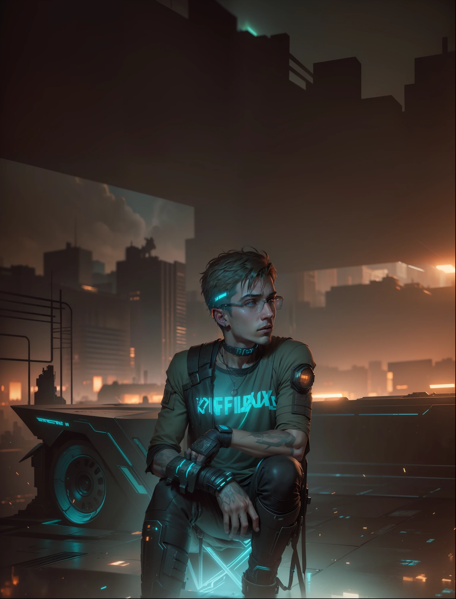 Cyberpunk handsome boy,epic, realistic, faded, neutral colors, ((((hdr)))), ((((muted colors)))), intricate scene, artstation, hyperdetailed, cinematic shot, warm lights, dramatic light, intricate details, vignette, complex background, [[teal and orange]], slate gray atmosphere