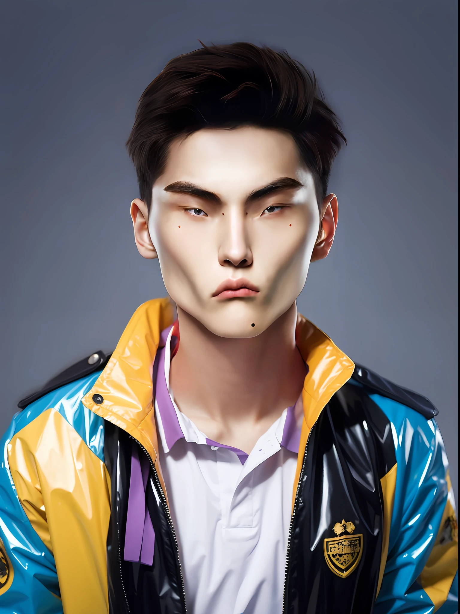 A Chinese male high school student，Wearing a PVC purple suit