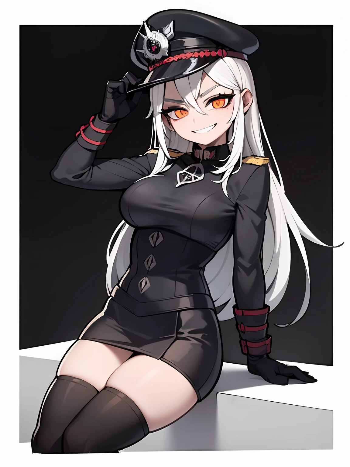 ((Obra maestra, Calidad superior, Super Definition, Ultra Definition)), solamente, (cuerpo completo), ((27-year-old Gothic woman in black leather German official uniform)), ((wearing a black army leather hat)), ((Clear expression of body unevenness)), Looking at the camera, (sentada de espaldas a la pared y rodillas dobladas), cuerpo femenino, Pechos para mostrar (covered nipple), ((pastillas para los pezones: 1.5), ((Pechos absurdamente grandes)), ojos rojos, ((Bob Cabello Negro)), Zoom frontal, Asiento horizontal, Yandere, (maquillaje fuerte), pupils constricted, pupilas negras, oscuro, (Manos detalladas), ((mujer alta)), ((sadistic smile)), foco nítido, Dynamic Angle, Sombras profundas, Fondo simple