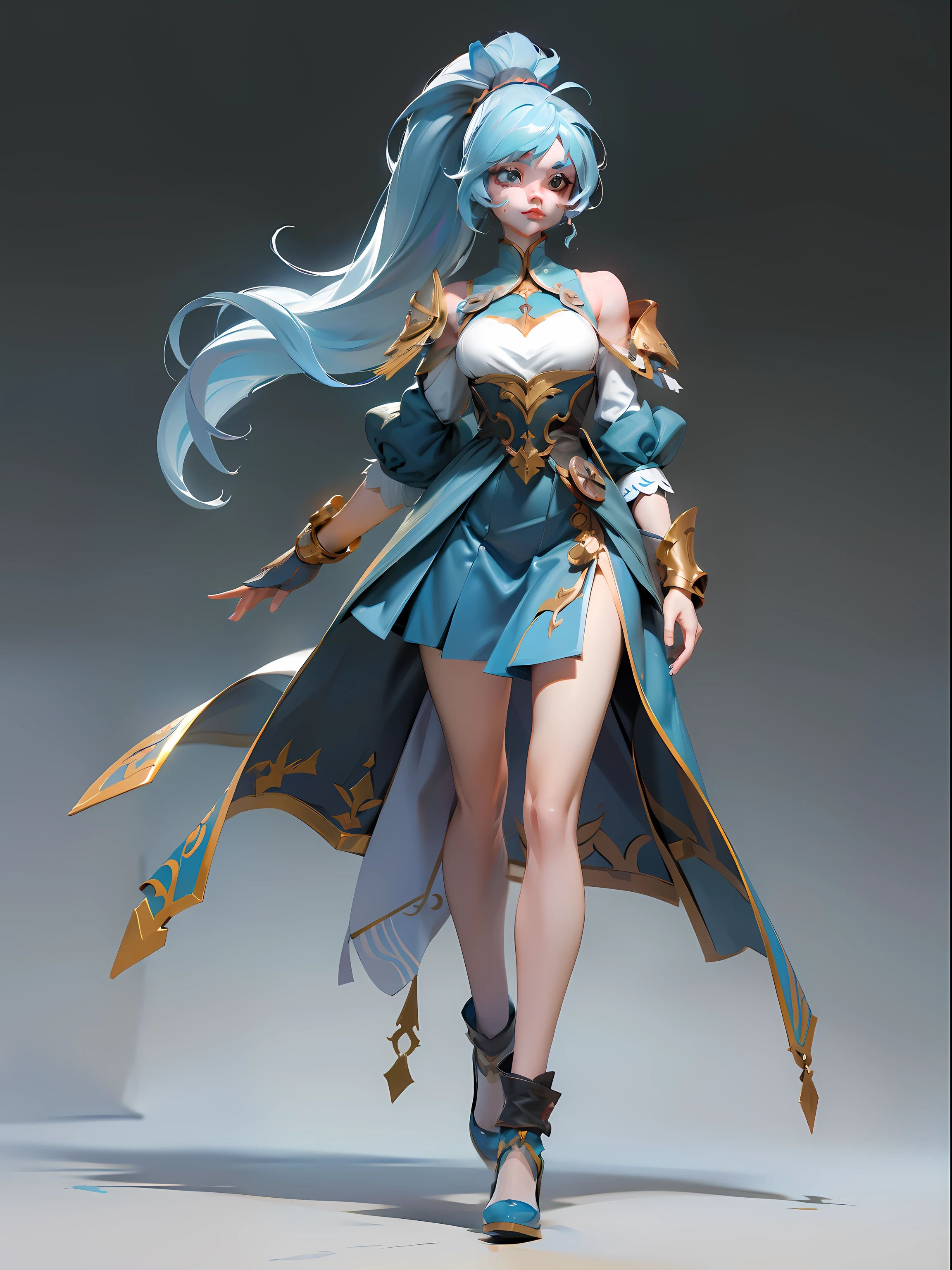 Character design，schematics，Diagram，A future female warrior，Powder blue high ponytail，Shoulderless dress，leg loops，High-heeled shoes，独奏，offcial art，Unity8k wallpapers，