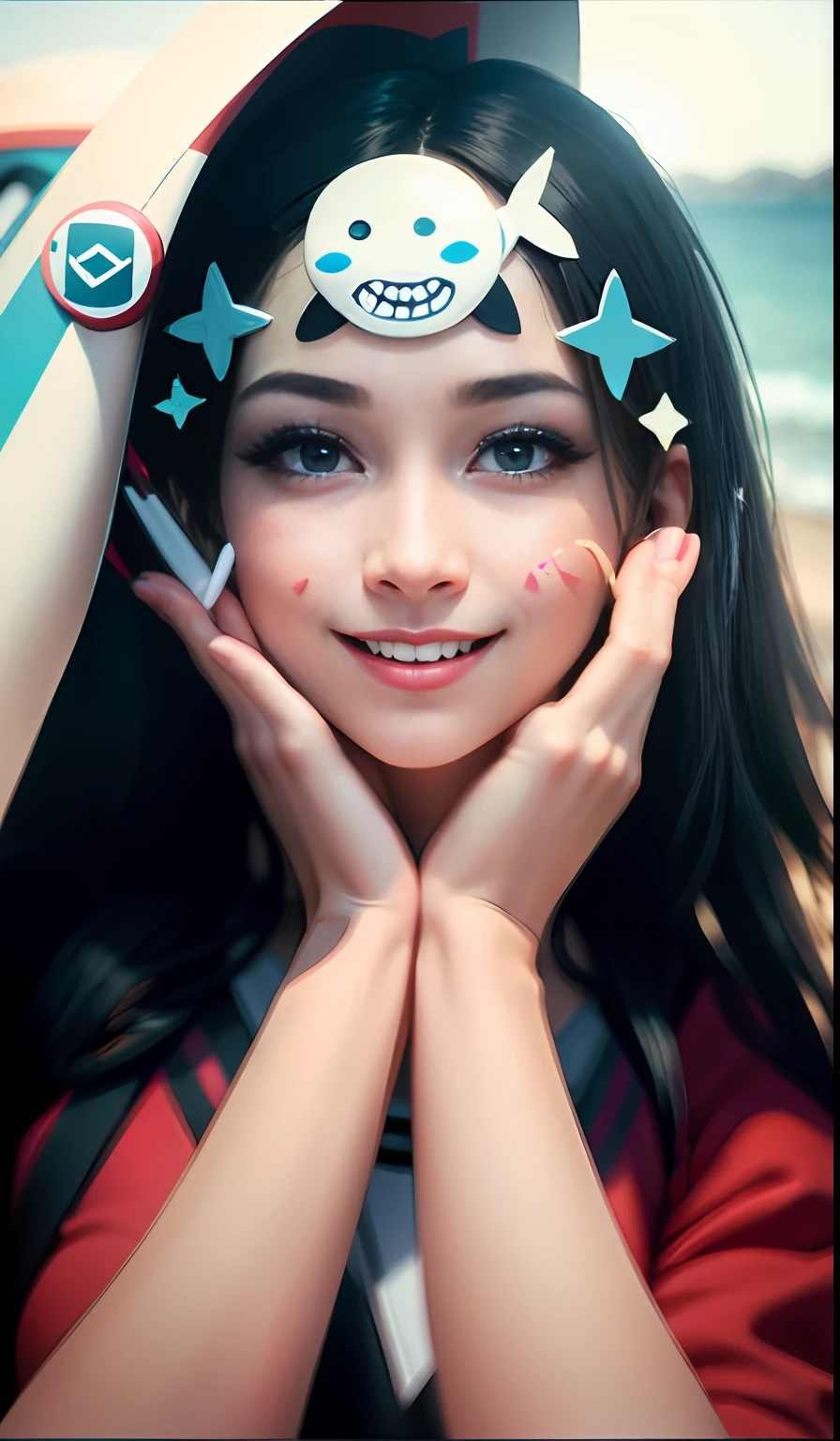 Close-up of a person holding a mobile phone，There are sharks on the face,  She has a smiling face, More mature face,  face with artgram, Very high quality, trending on tiktok，Wear short-sleeved clothing