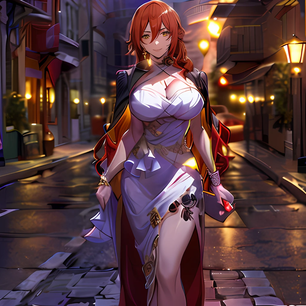 masterpiece, best quality, 1girl, red hair, long hair, hair between eyes, breasts, bangs,white dress, cleavage, black high heels, yellow eyes, smile, (street:1.2), night, hand of guido daniele