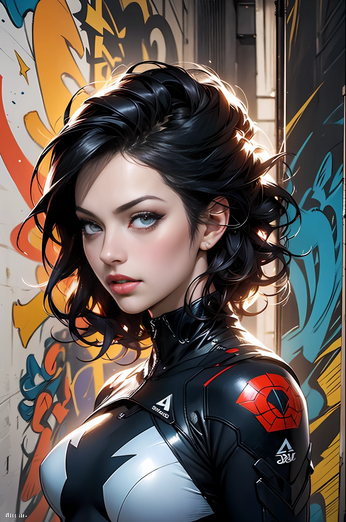 :: Comix super hero por Richard Luong ::Background Story, Misto-idioma_Texto, letras japonesas em graffit , Kelly Brook mulher linda , longos cabelos negros, Excellent lighting, side-lighting, perfeito ultimate, historia em quadrinho, cores vibrates degrade