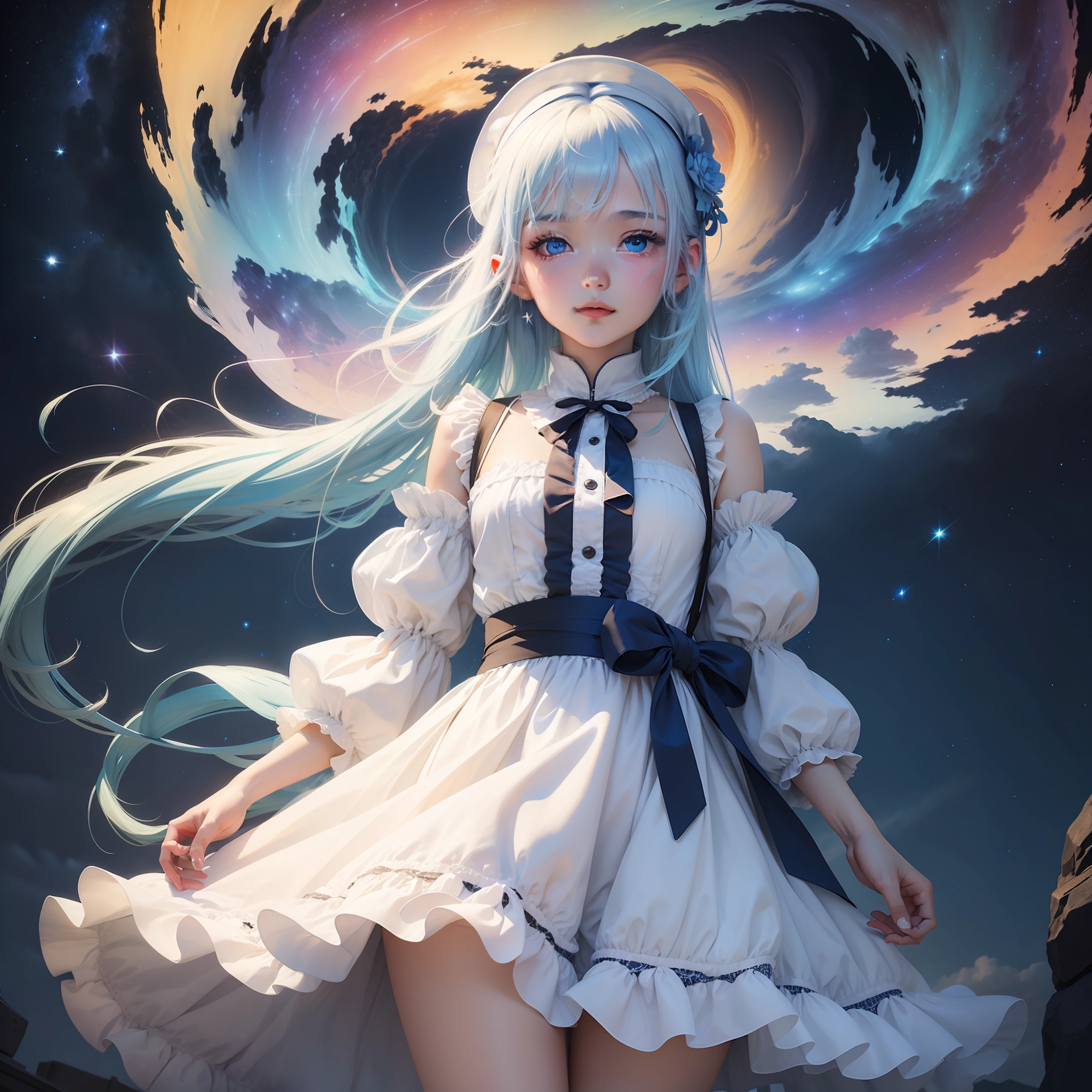 nigh sky，Starry，brilliant colorful，A girl dressed in white and beautiful blue hair reaches out to you，