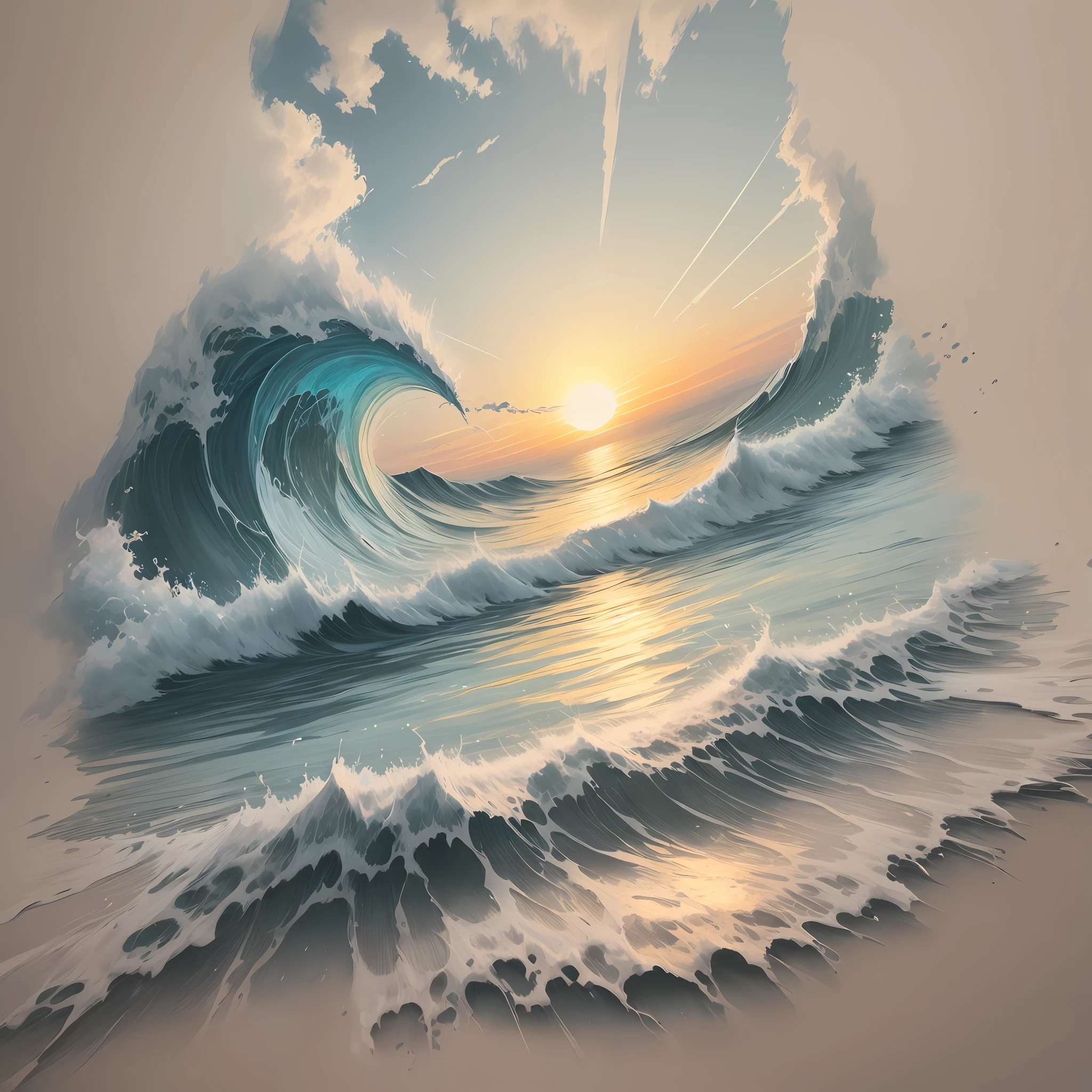 Painting of the sun rising on the waves, Sea tattoo sketch, simple drawing, Sea tattoo sketch, very sunny weather, simple line art, Sunny weather, minimalist line drawing,