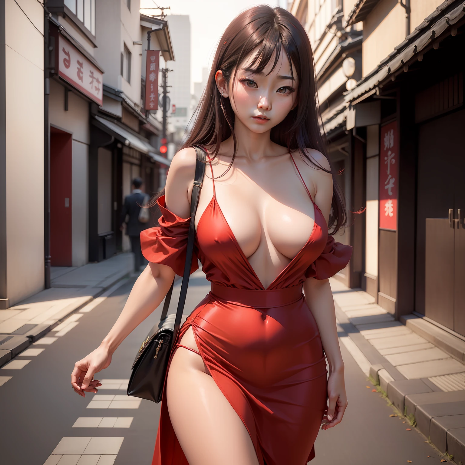 30 years old japanese girl (wearing sexy silky red dress with expose cleavage, delicate features, supersmooth skin) standing in a nightescape( best lighting ,best angle,) of tokyo, surrealism, 8k, hyperrealistic, hyperdetailed,