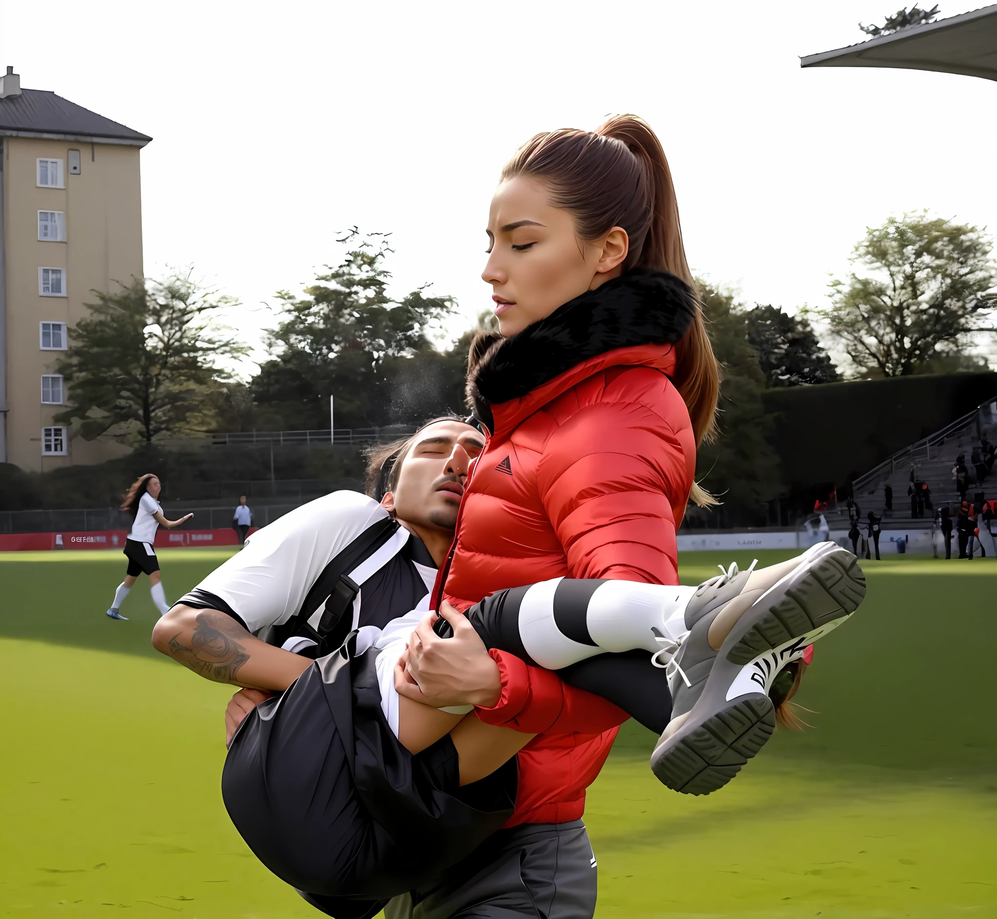 soccer action pose, affection pose, lecherous action pose, dramatic action pose, theatralic pose, there is an attractive woman that is carrying a skinny man, there is a beautiful woman in a shiny coat who is carrying a blond man in her arms, a longhaired beautiful woman in a high-shine black puffy coat, a longhaired woman in a shiny downcoat, a woman is carrying a shorthaired man who is wearing matte cotton shorts and a matte cotton t-shirt, a weak man in matte cotton sports shorts is consciousless and needs to be carried, a shorthaired man with closed eyes is carried in the arms of a longhaired woman, a woman looks very scared and terrified, a consciousless man with closed eyes is suffering very much and has a very painful face, photo, photo shoot, photographed , accident, help, aid, first aid, pity