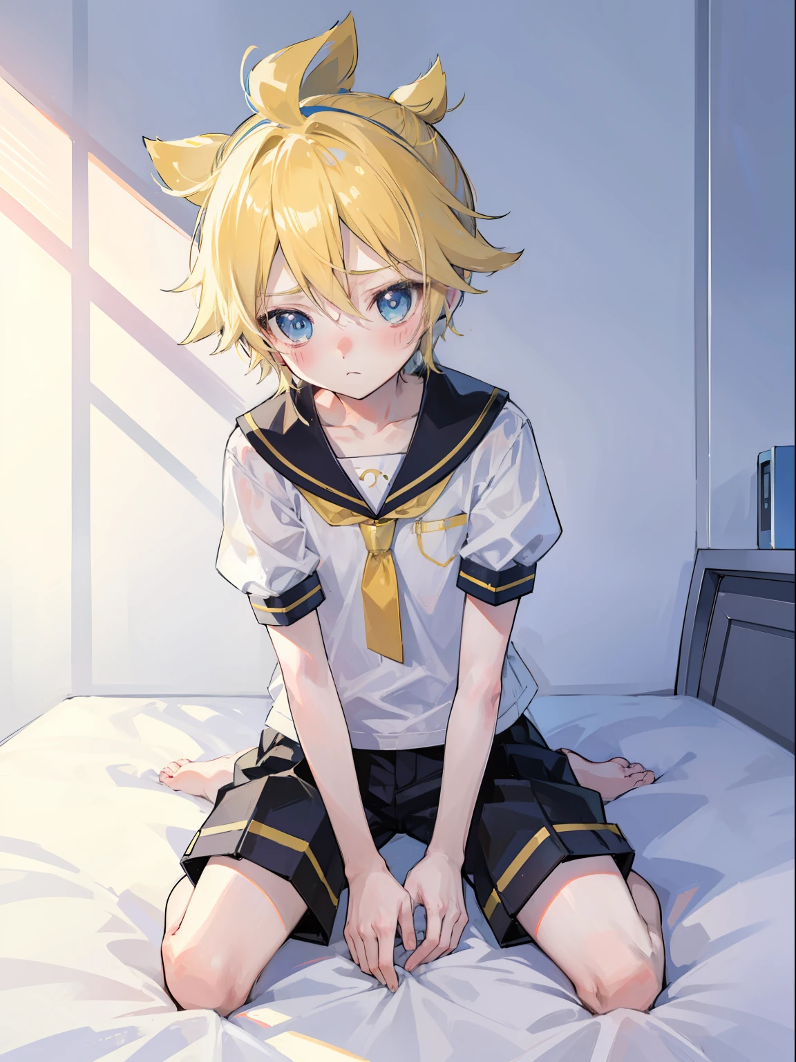 best quality, ultra precision, one boy, (Len_Kagamine), cute, cool, ager, blue eyes, blond hair, shota, cowlick, shy, blush, on bed, characters focus, black short pants, sailor uniform, he loves you