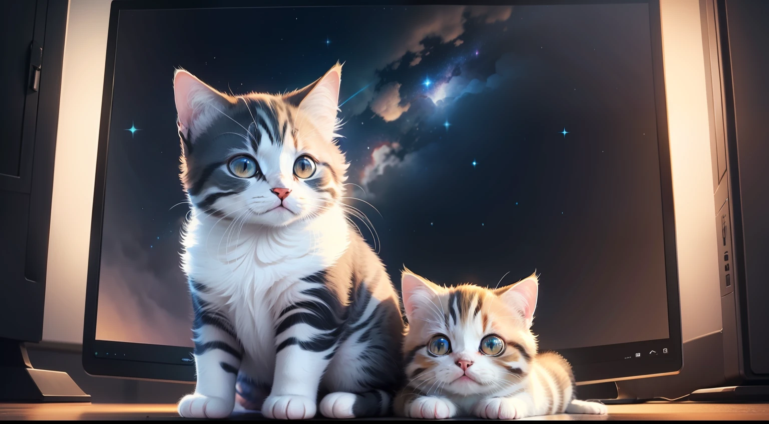 Cute kitten background starry sky cozy 4k computer wallpaper
