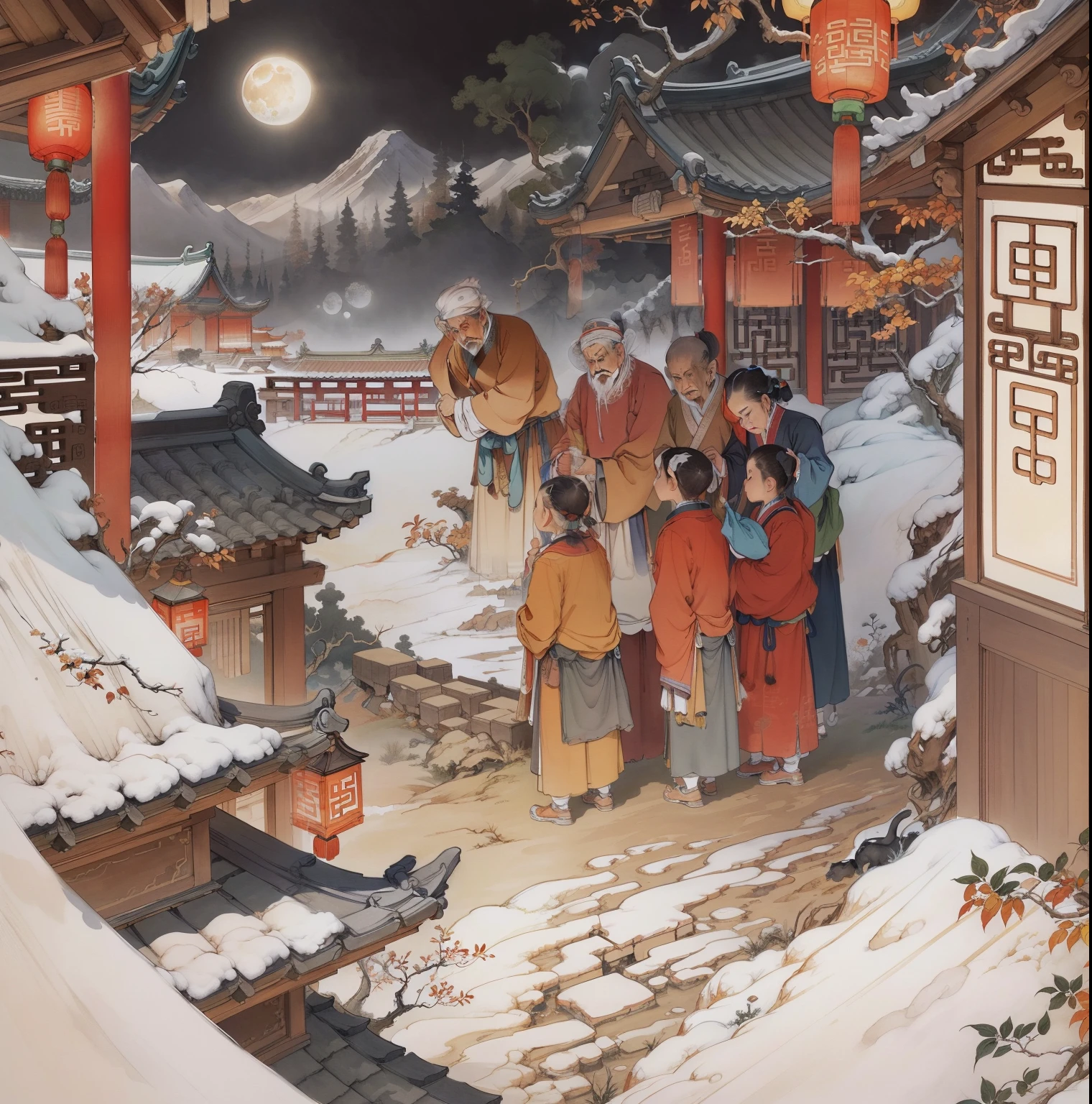 Ancient Chinese landscapes，Ancient buildings，Pavilions，Carved beams and paintings，enchanting scenery，Night，Moon light，Layered, Rich light and shadow,Mid-Autumn Festival, Ink painting style，clean color，Low-saturation colors，Colors of low brightness，Decisive cut，Leave white space，impressionistic，tmasterpiece，ultra - detailed，Epic composition,  HighestQuali，hyper realisitc，Art germ --v 6