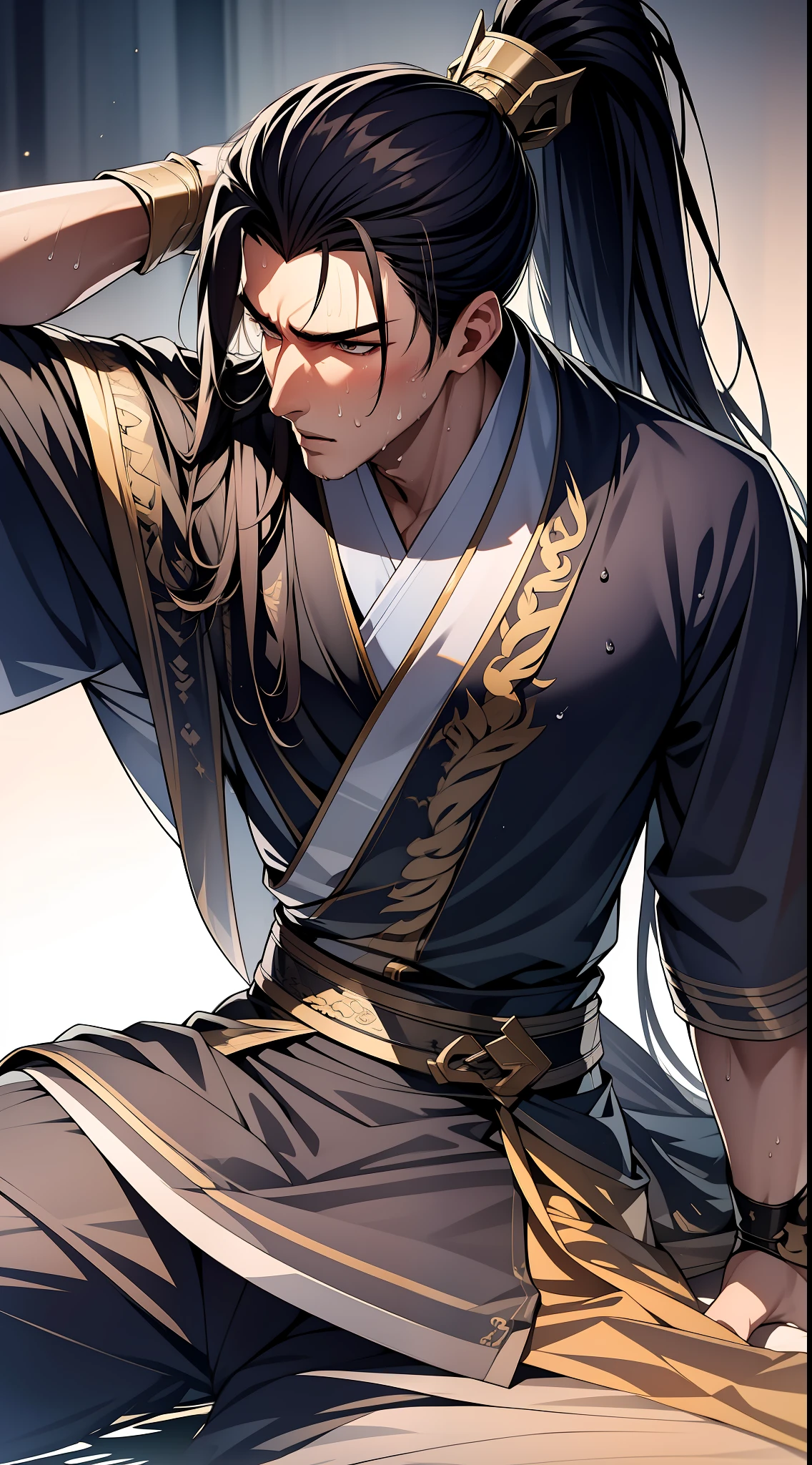 quadratic element,style of anime,mtu(Male Warrior),musculature,The proportions are correct,Face details,swordsmen,High ponytail hairstyle,perspired,Sweat on the face,drools,Neck details,There is an Adam's apple,Get wet,Drenched,Black Hanfu,kaftan,Embroidered robes,Black robe,clothes details,Handing over,longer sleeves,Game quality,Swordsmanship,Light and shadow tracking,Ray traching,detailed glow,cg render,hair detail,cabelos preto e longos,Golden eyes,Sweat on the face,Handsome,Handsome,Beads of sweat slipped down my neck,(juvenile sense),Clothing is complicated,Drenched,Get wet,Perfectcomposition,Refinement,high qulity,higher details,Lots of details,The background is complex,a sense of atmosphere,