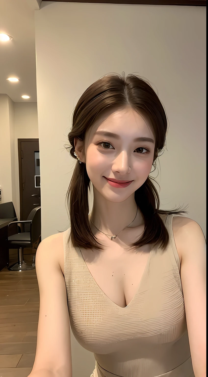 ((Best Quality, 8K, Masterpiece: 1.3)), 1girl, Slim Abs Beauty: 1.3, (Hairstyle Casual, Big Breasts: 1.2), Dress: 1.1, Super Fine Face, Delicate Eyes, Double Eyelids, Smile, Home