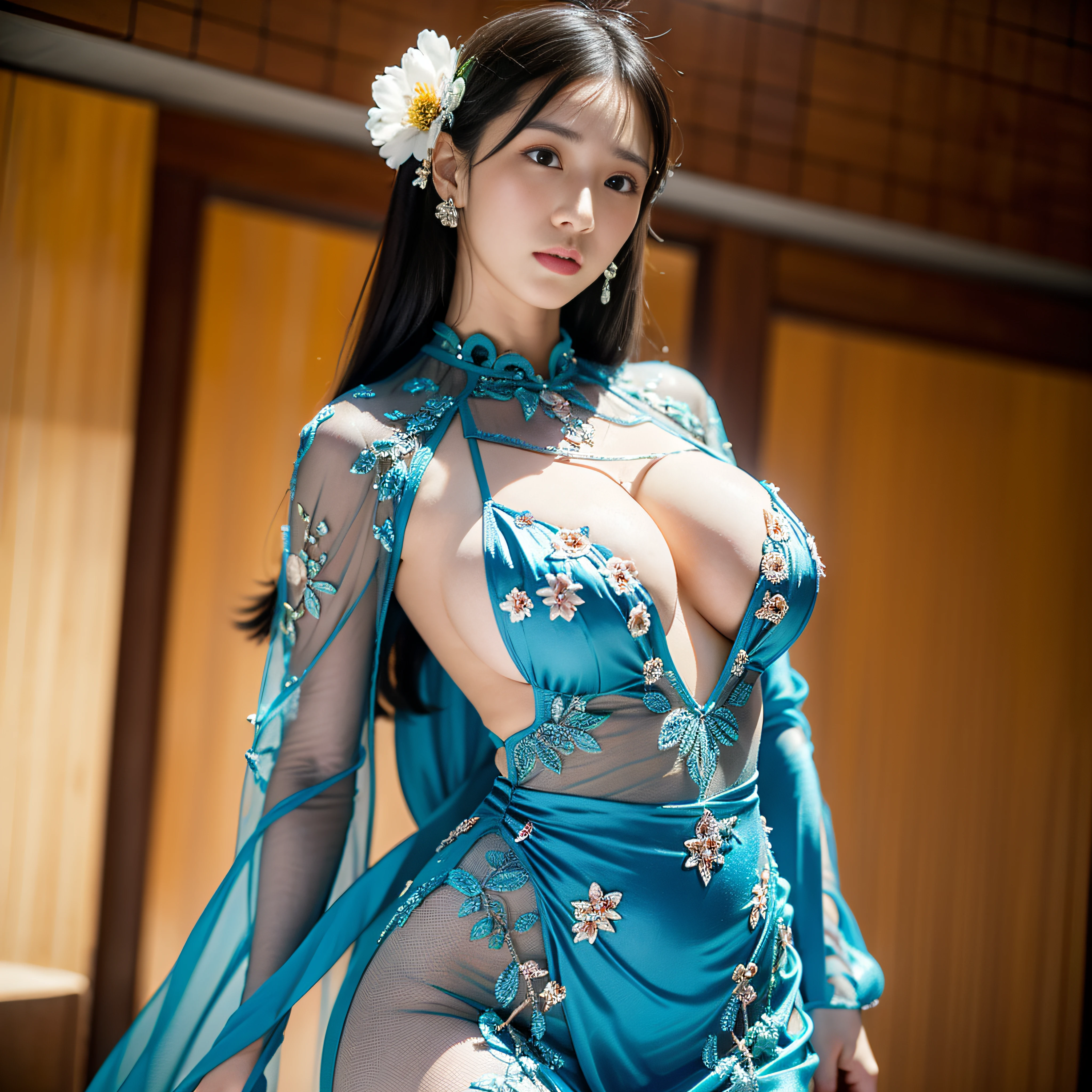 Asian woman in blue haute couture dress poses for photo shoot,Pose in a blue haute couture dress, silk dresses,Silk,Large flower embroidery,Colossal tits,爆乳,Colossal tits,Engaging pose,perspiring,dripping with sweat, Sexy Girl, Korean Girl, beautiful Korean women, Young Korean Woman, Realistic Young Gravure Idol,